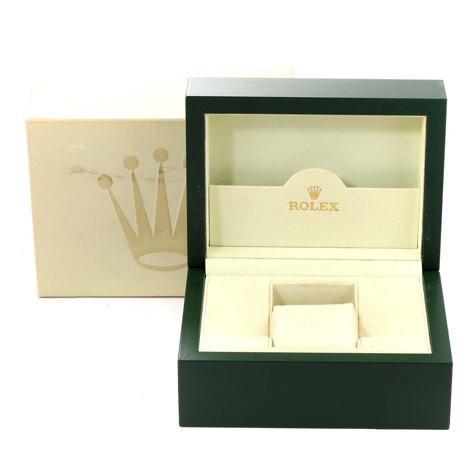 The image shows an empty Rolex Submariner 14060M Men
s Stainless Steel Black Dial 14060M Men
s Stainless Steel Black Dial watch box and its outer box from a front angle.