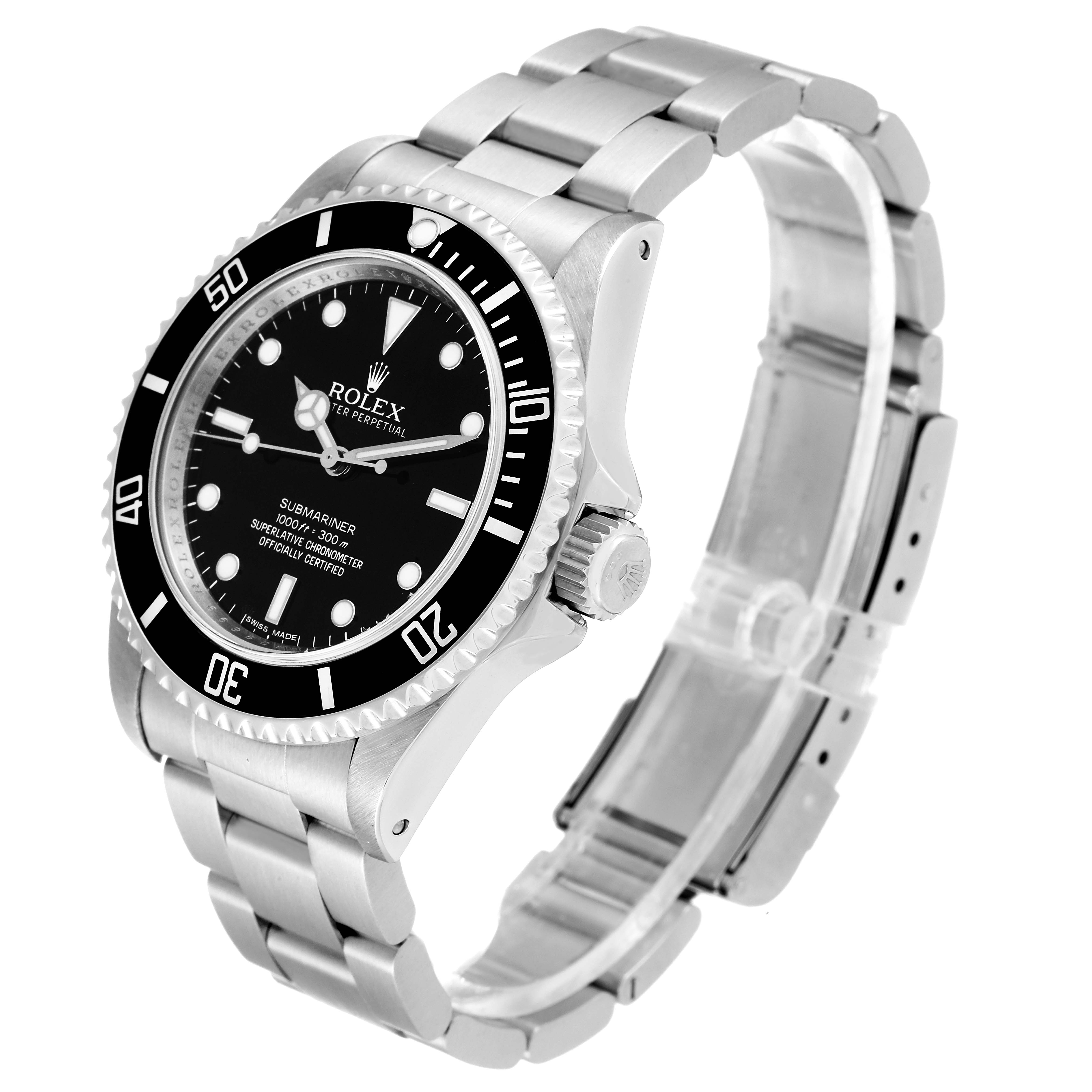 The Rolex Submariner 14060M Men
s Stainless Steel Black Dial 14060M Men
s Stainless Steel Black Dial watch is shown at a three-quarter angle, displaying the dial, bezel, crown, and bracelet.