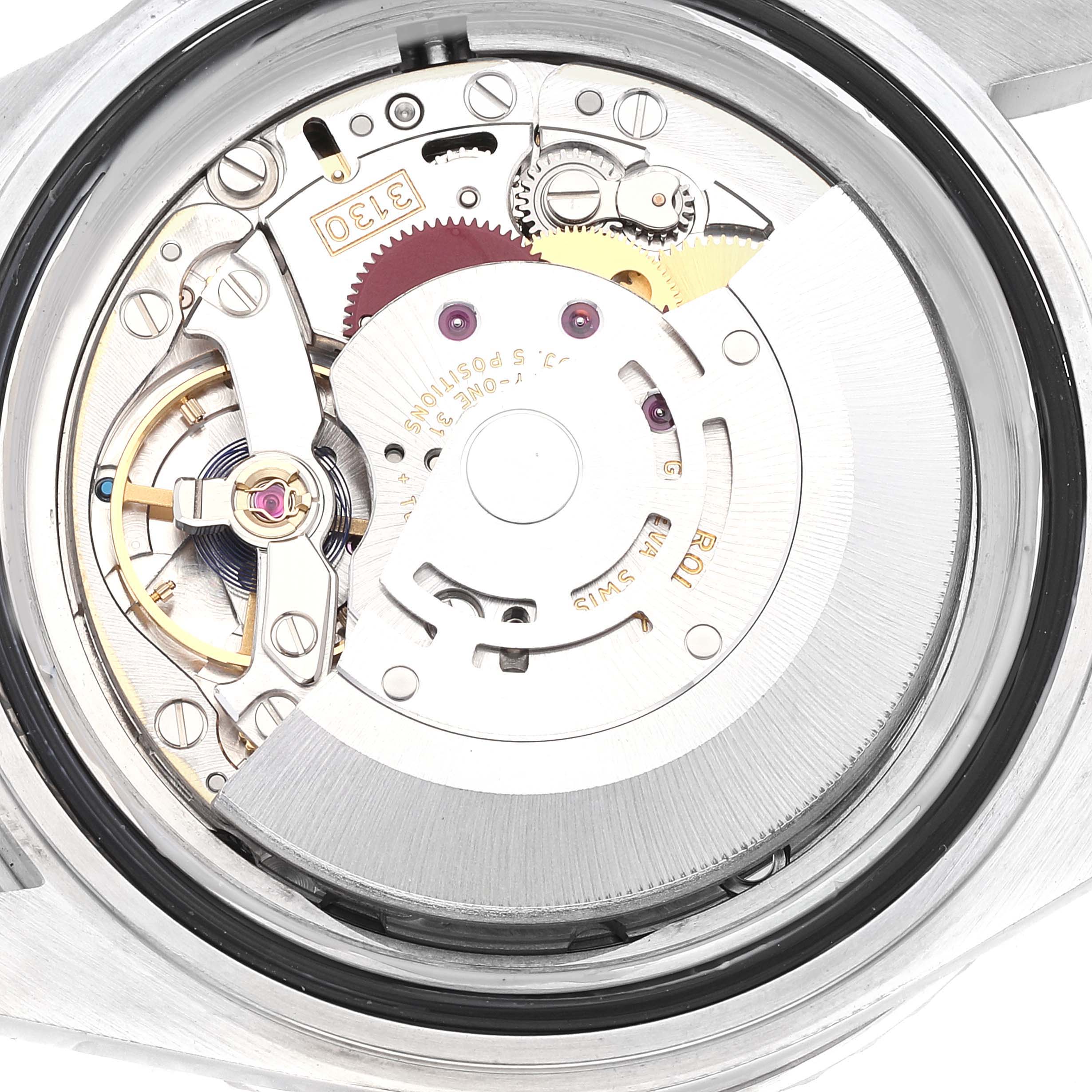 This image shows the internal mechanical movement of a Rolex Submariner 14060M Men
s Stainless Steel Black Dial 14060M Men
s Stainless Steel Black Dial watch, viewed from the back.