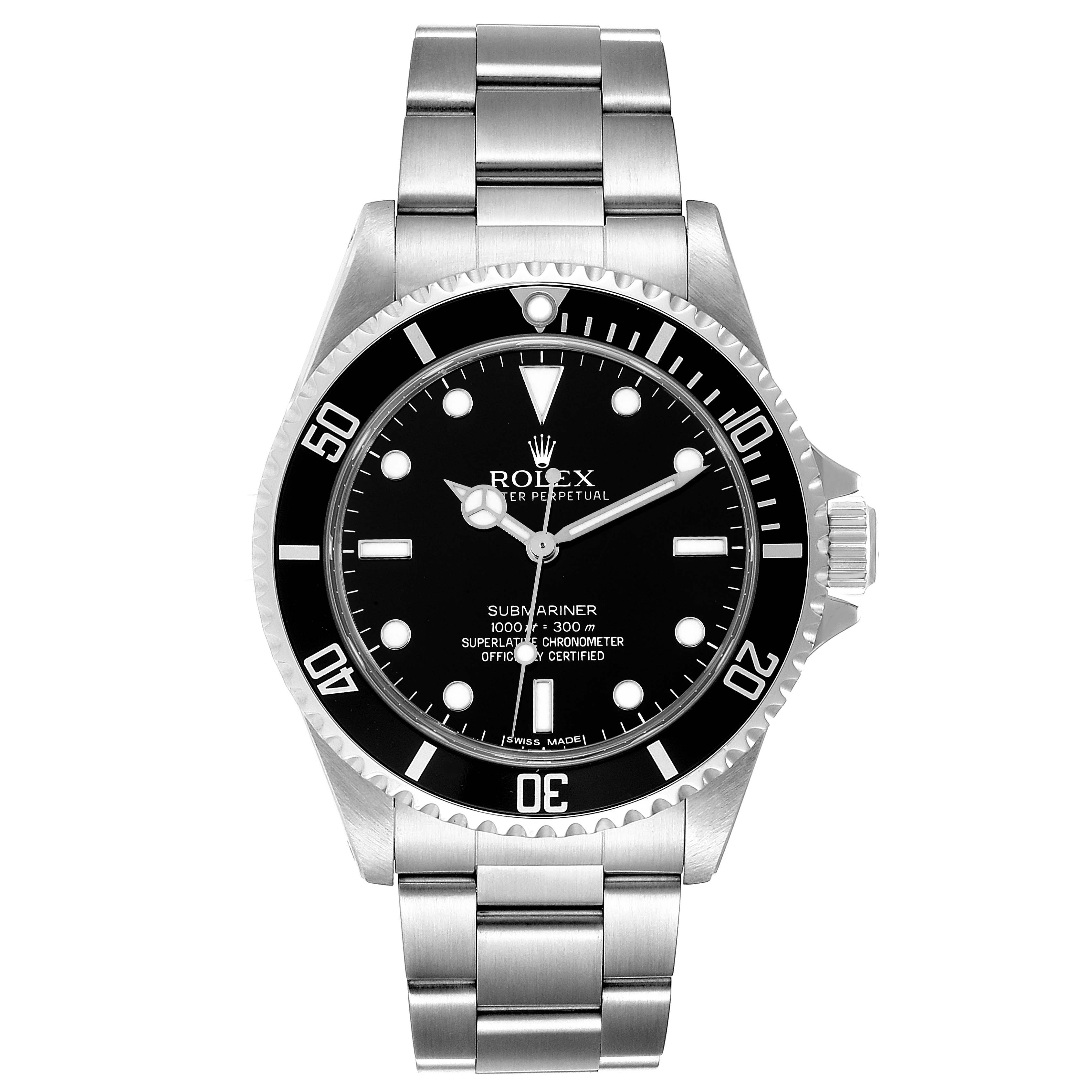 The Rolex Submariner 14060M Men
s Stainless Steel Black Dial 14060M Men
s Stainless Steel Black Dial watch is shown from the front, displaying the dial, bezel, and bracelet.