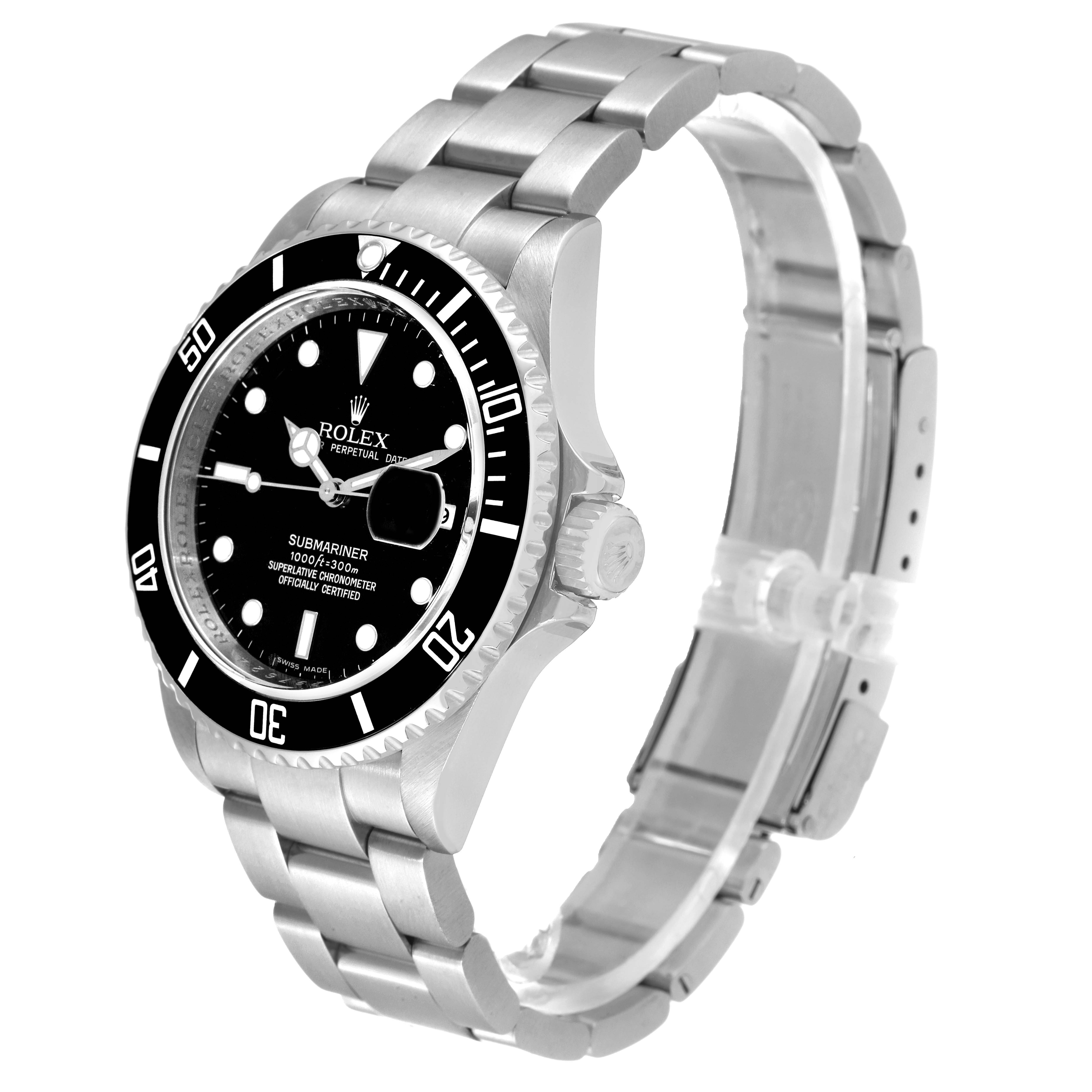 This Rolex Submariner 16610 Men
s Stainless Steel Black Dial 16610 Men
s Stainless Steel Black Dial watch is shown at a slight left angle, highlighting the bezel, crown, face, and bracelet.