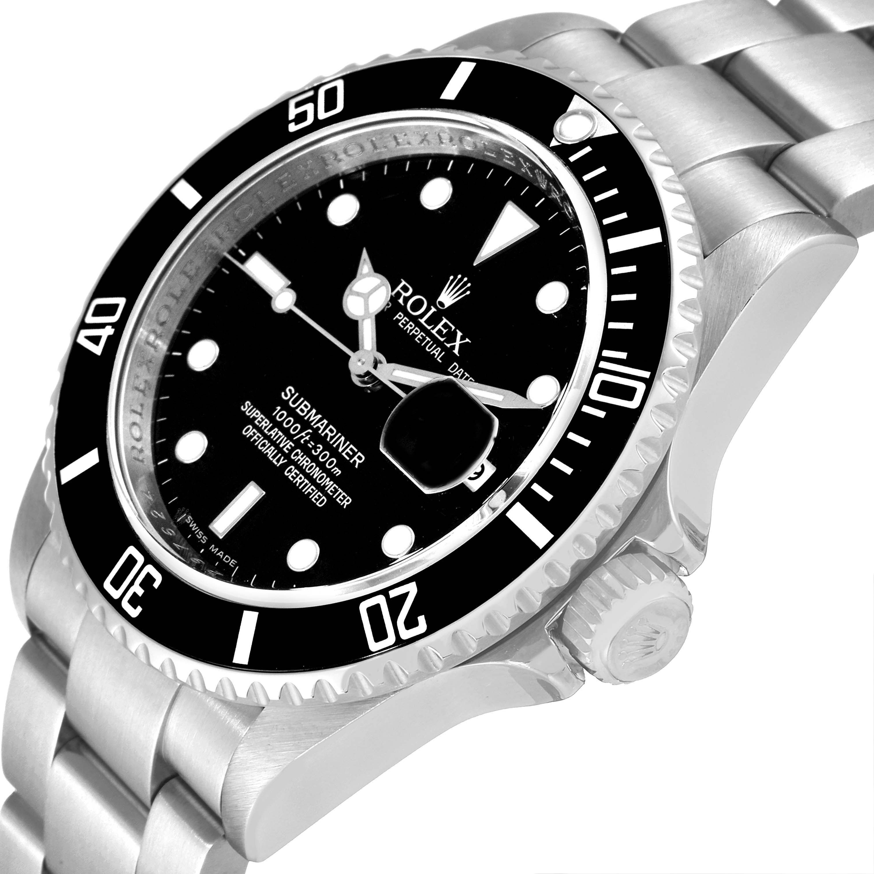 The Rolex Submariner 16610 Men
s Stainless Steel Black Dial 16610 Men
s Stainless Steel Black Dial watch is shown at an angle displaying its dial, bezel, crown, and part of the bracelet.