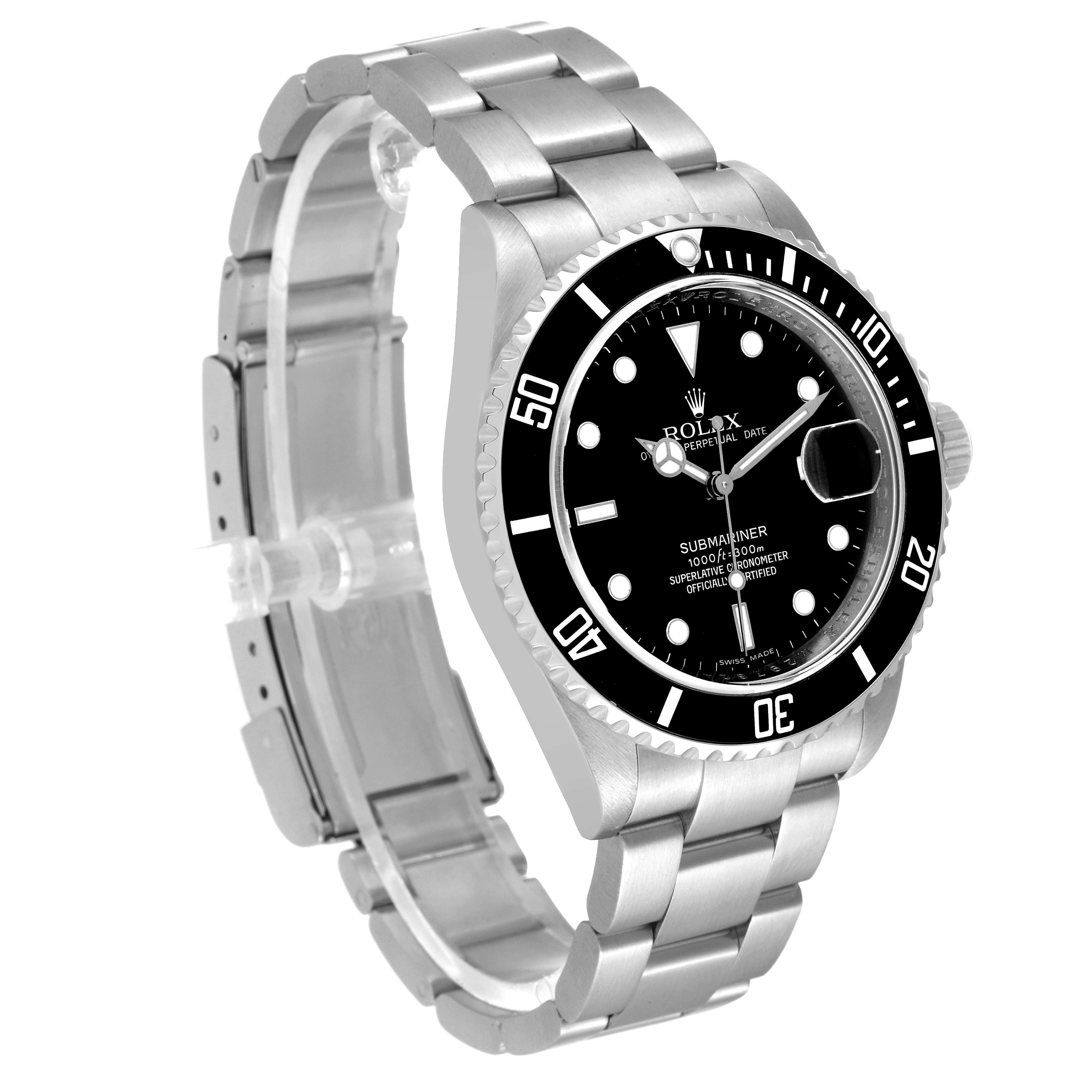 This image shows a side angle of the Rolex Submariner 16610 Men
s Stainless Steel Black Dial 16610 Men
s Stainless Steel Black Dial watch, highlighting the dial, bezel, and stainless steel bracelet.
