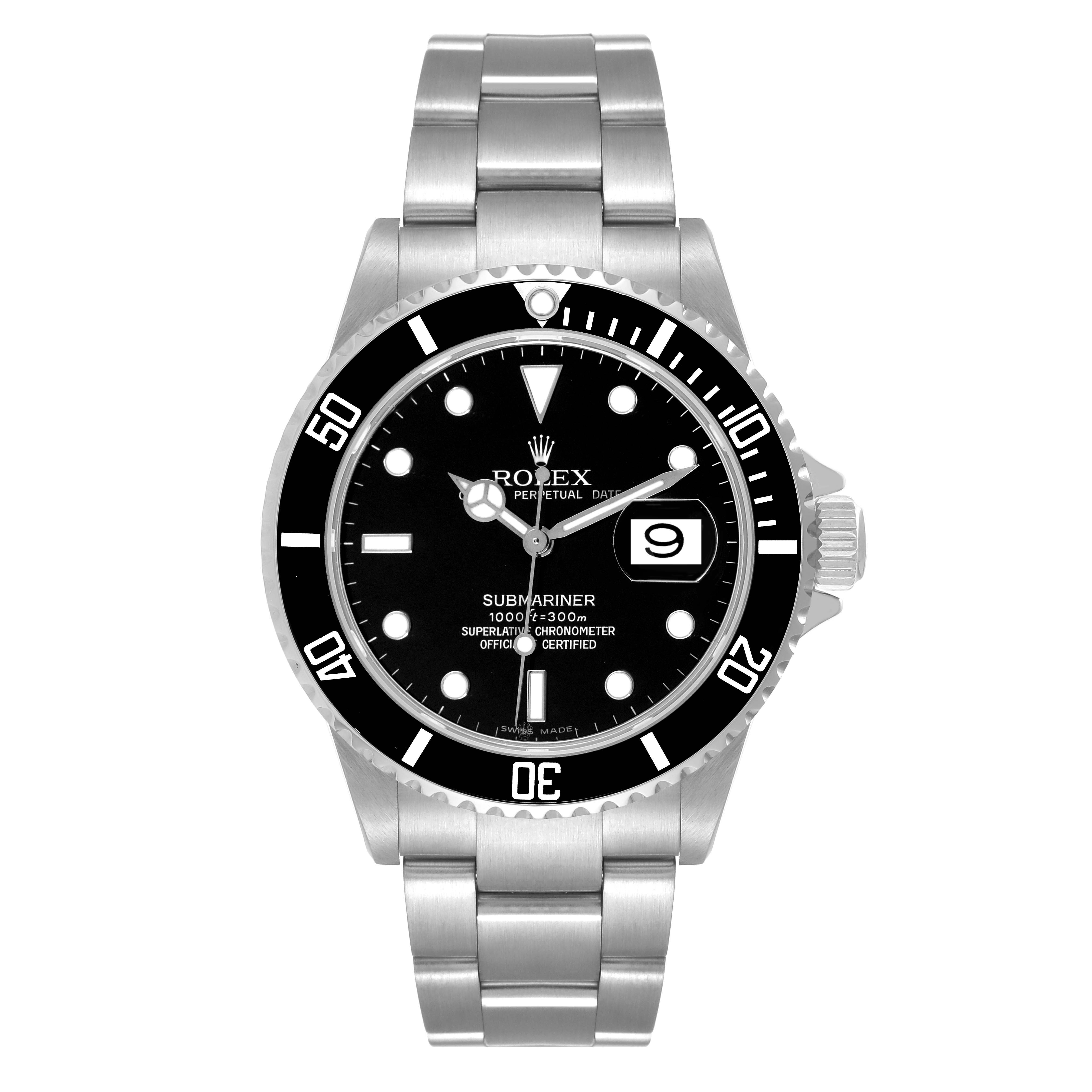 This image shows a front view of a Rolex Submariner 16610 Men
s Stainless Steel Black Dial 16610 Men
s Stainless Steel Black Dial watch, highlighting its black dial, date window, and stainless steel bracelet.