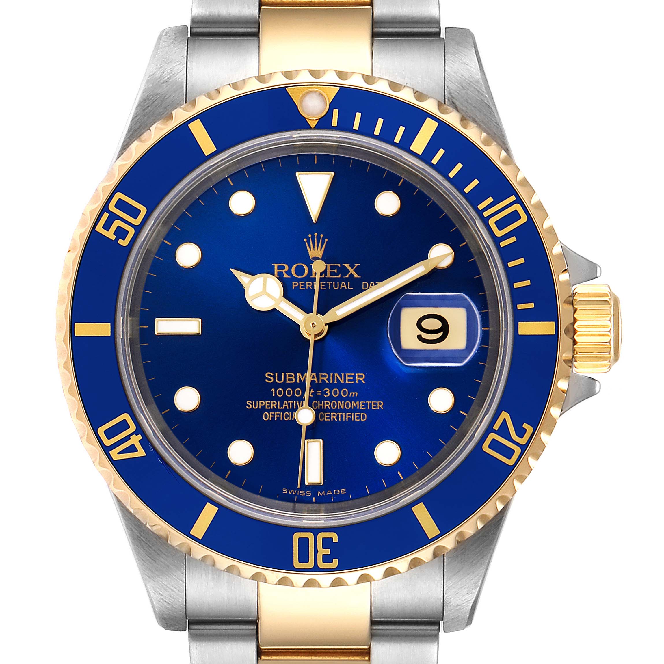 The image shows a front view of a Rolex Submariner 16613 Men's Steel and Gold (two tone) Blue Dial 16613 Men's Steel and Gold (two tone) Blue Dial watch highlighting its blue dial, date window, rotating bezel, and two-tone bracelet.