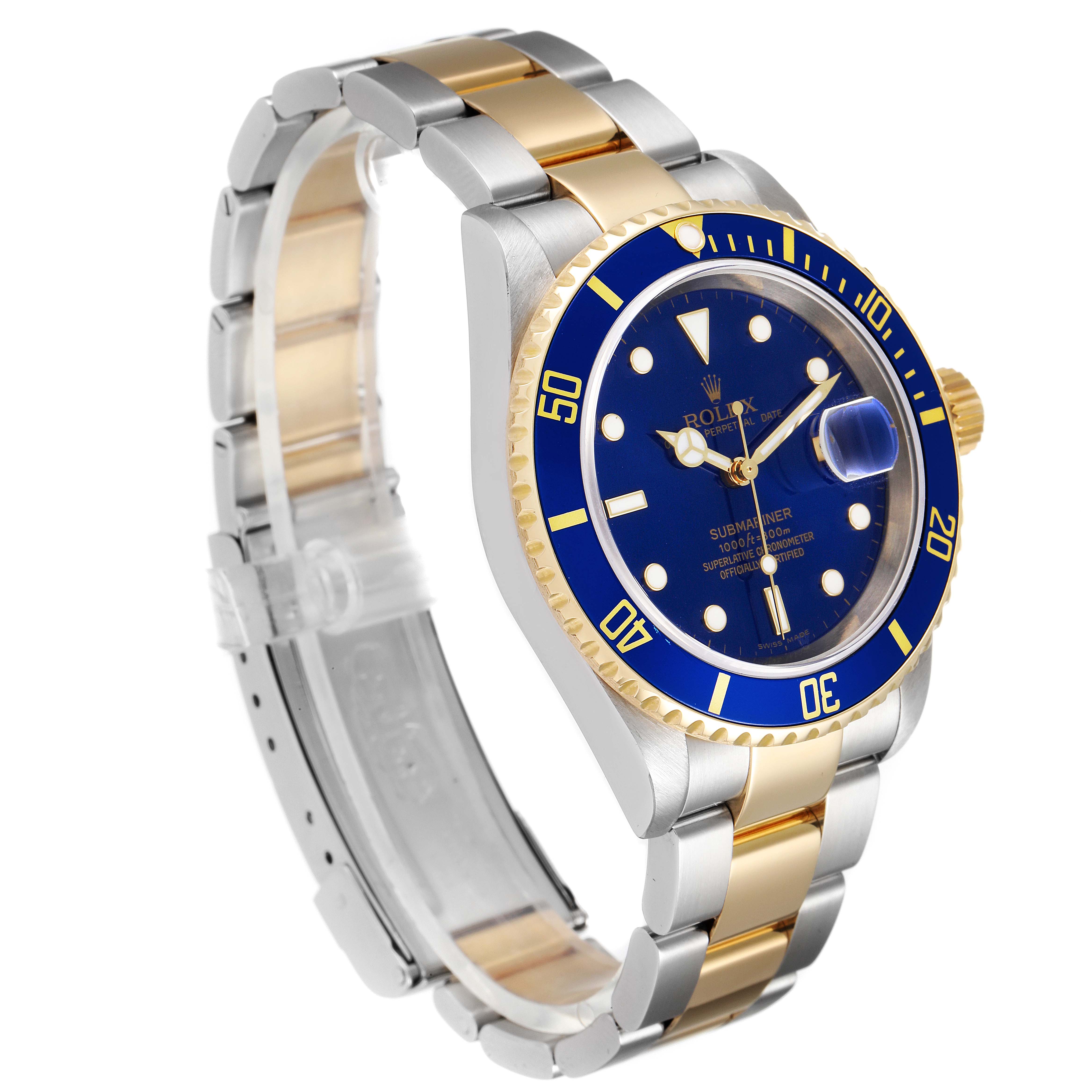 This Rolex Submariner 16613 Men's Steel and Gold (two tone) Blue Dial 16613 Men's Steel and Gold (two tone) Blue Dial watch is shown at an angled side view highlighting the bezel, face, crown, and two-tone bracelet.