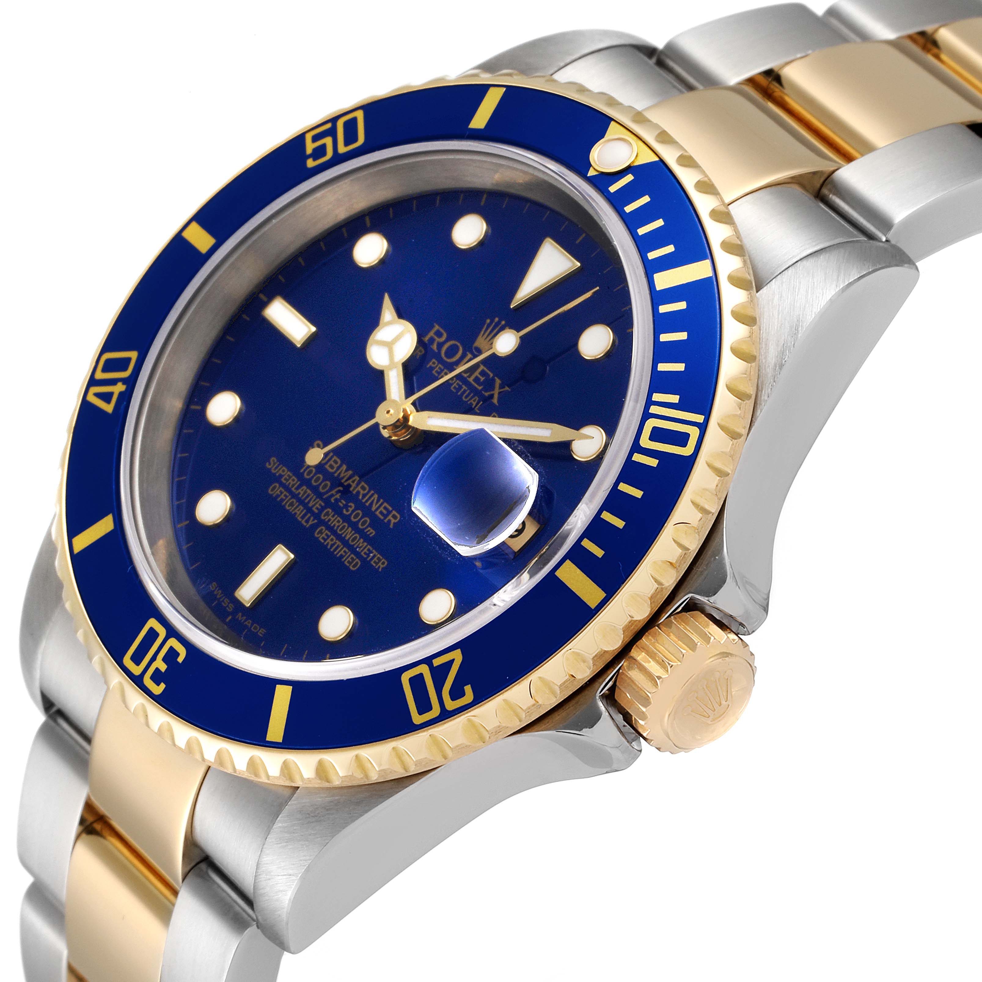 The image showcases a close-up of the Rolex Submariner 16613 Men's Steel and Gold (two tone) Blue Dial 16613 Men's Steel and Gold (two tone) Blue Dial watch, emphasizing the bezel, crown, and bracelet at an angle.
