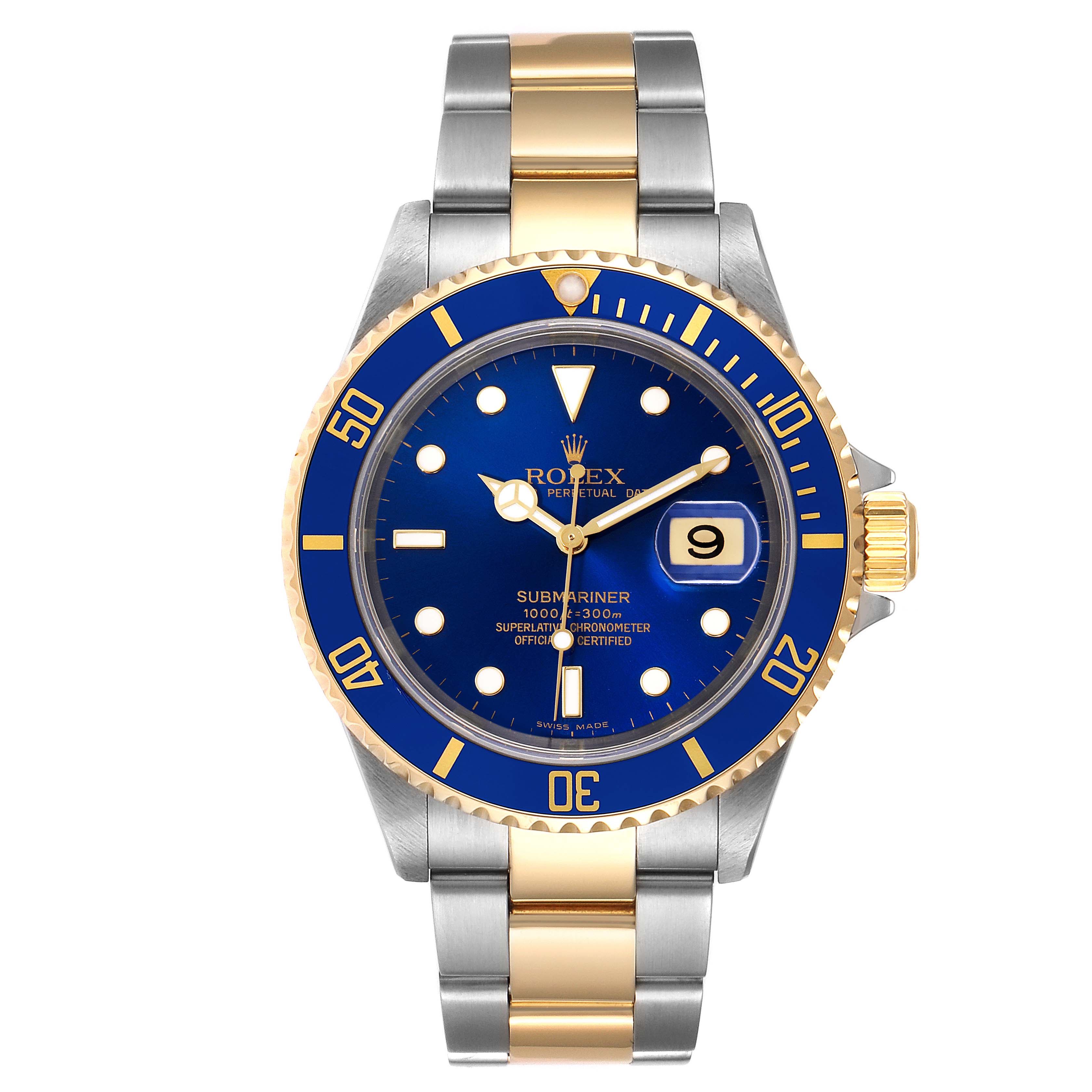 This image shows a front view of the Rolex Submariner 16613 Men's Steel and Gold (two tone) Blue Dial 16613 Men's Steel and Gold (two tone) Blue Dial watch with a blue and gold bezel, and a two-tone metal strap.
