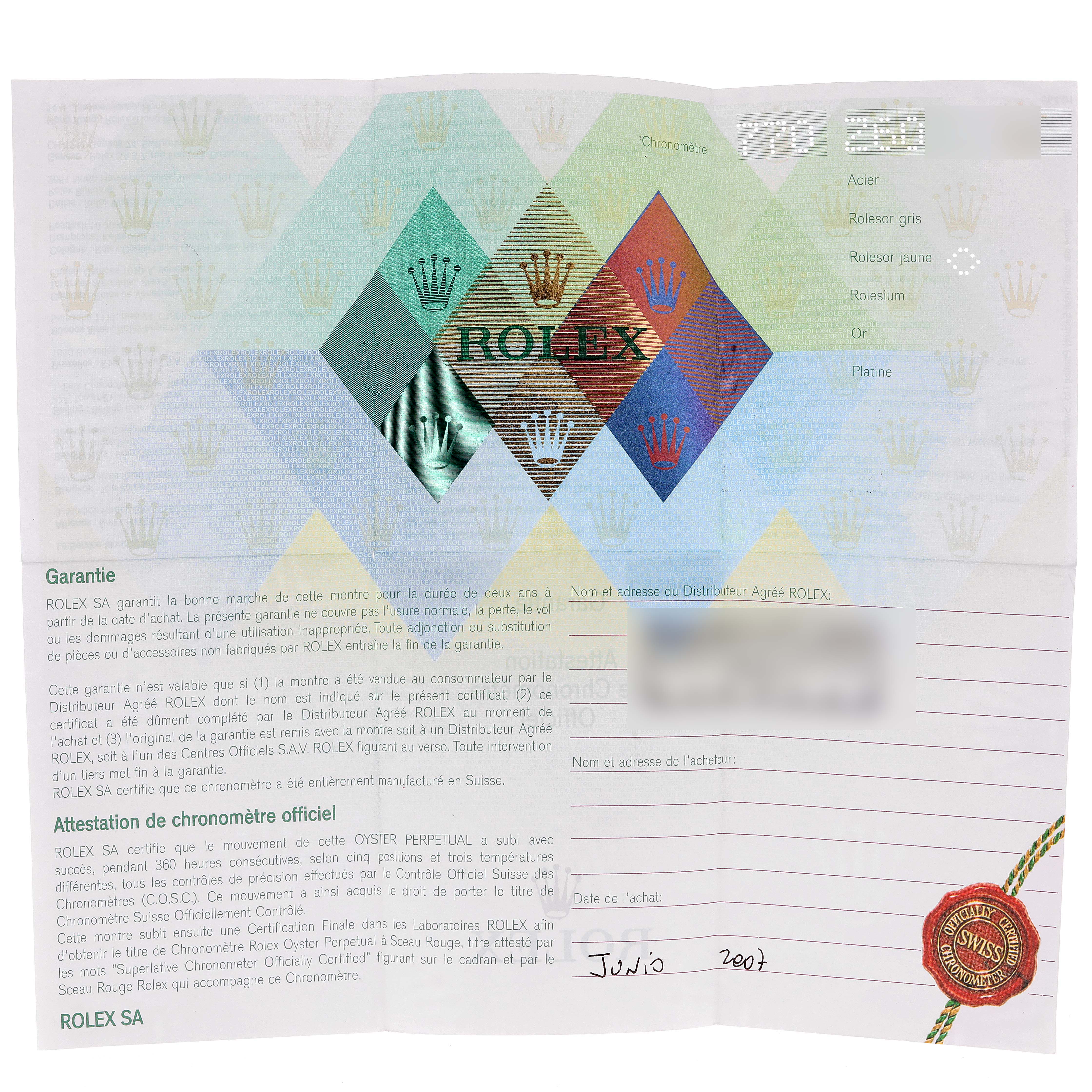 The image shows a warranty certificate for the Rolex Submariner 16613 Men's Steel and Gold (two tone) Blue Dial 16613 Men's Steel and Gold (two tone) Blue Dial model with holographic designs and printed text.