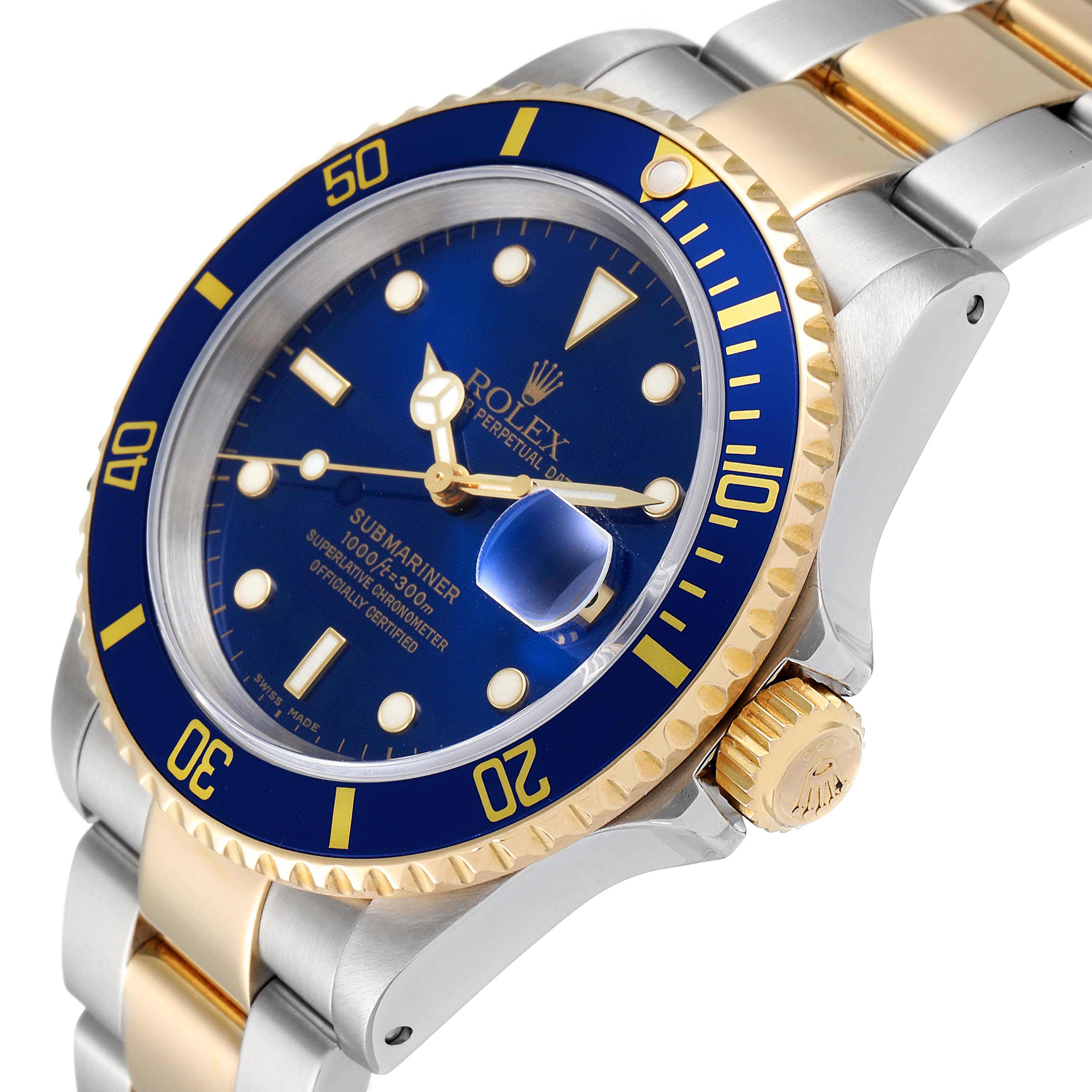 The image shows a close-up side angle of a Rolex Submariner 16613 Men
s Steel and Gold (two tone) Blue Dial 16613 Men
s Steel and Gold (two tone) Blue Dial, highlighting its bezel, crown, and dial.