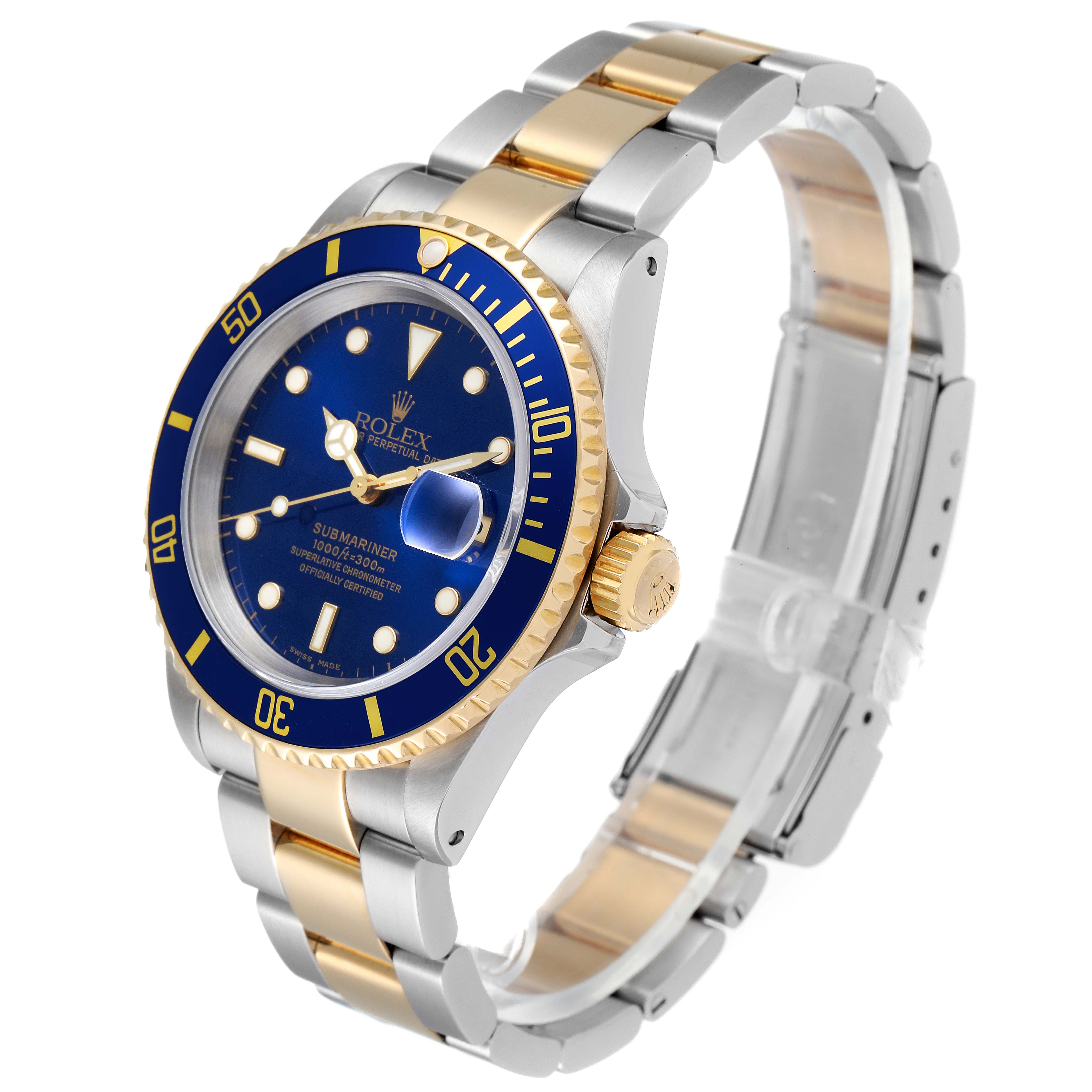 The Rolex Submariner 16613 Men
s Steel and Gold (two tone) Blue Dial 16613 Men
s Steel and Gold (two tone) Blue Dial watch is shown from a three-quarter angle, highlighting its blue dial, bezel, and two-tone (gold and silver) bracelet.