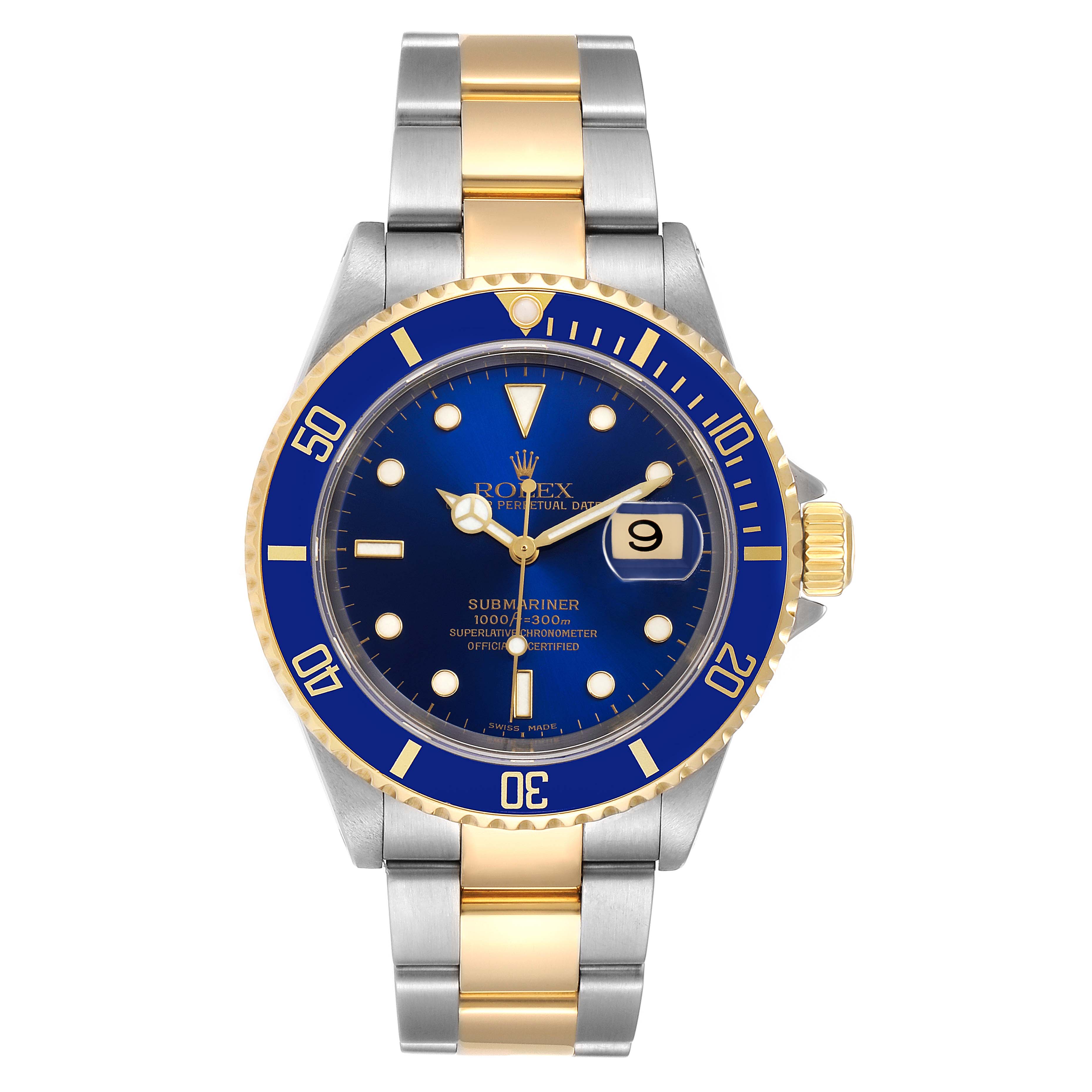 The Rolex Submariner 16613 Men
s Steel and Gold (two tone) Blue Dial 16613 Men
s Steel and Gold (two tone) Blue Dial watch is displayed from the front, showcasing its blue dial, date window, and two-tone bracelet.