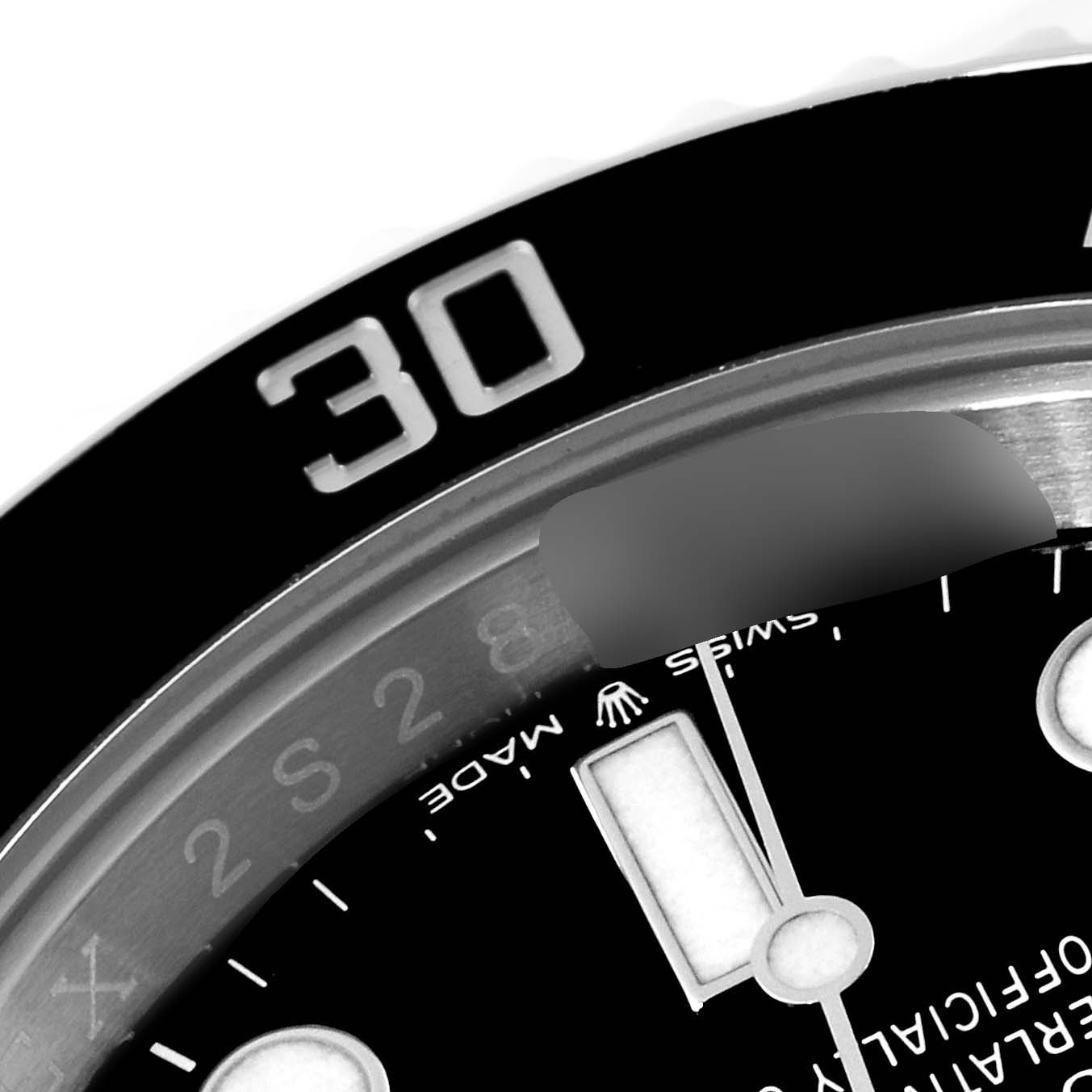 This image shows a close-up view of the bezel, part of the dial, and markers of a Rolex Submariner 126610 Men
s Stainless Steel Black Dial 126610 Men
s Stainless Steel Black Dial watch.