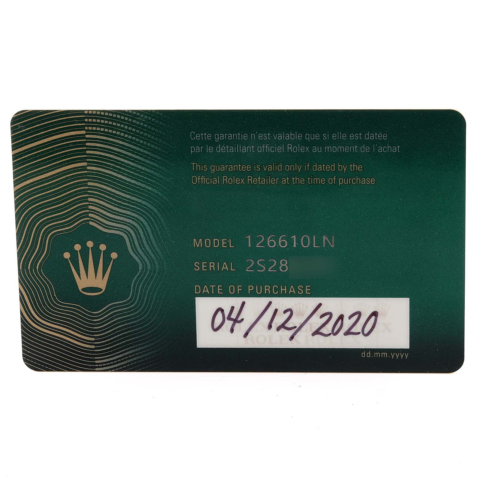 This image shows a warranty card for the Rolex Submariner 126610 Men
s Stainless Steel Black Dial 126610 Men
s Stainless Steel Black Dial model 126610LN.