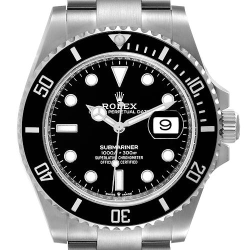 The image shows a frontal view of a Rolex Submariner watch, highlighting the dial, bezel, and bracelet.