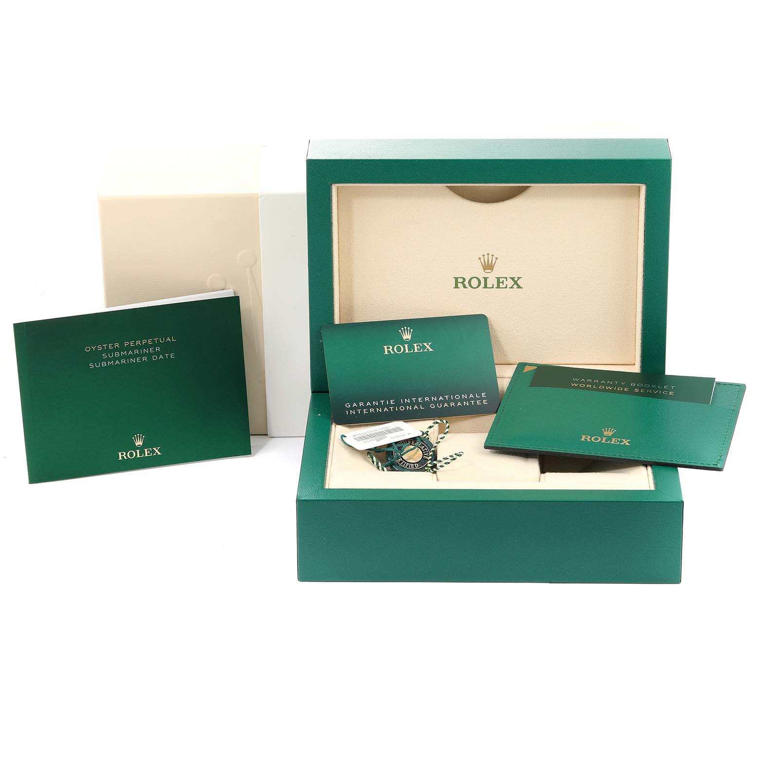 This image shows the packaging, manuals, guarantee card, and accessories of a Rolex Submariner 126610 Men
s Stainless Steel Black Dial 126610 Men
s Stainless Steel Black Dial watch.