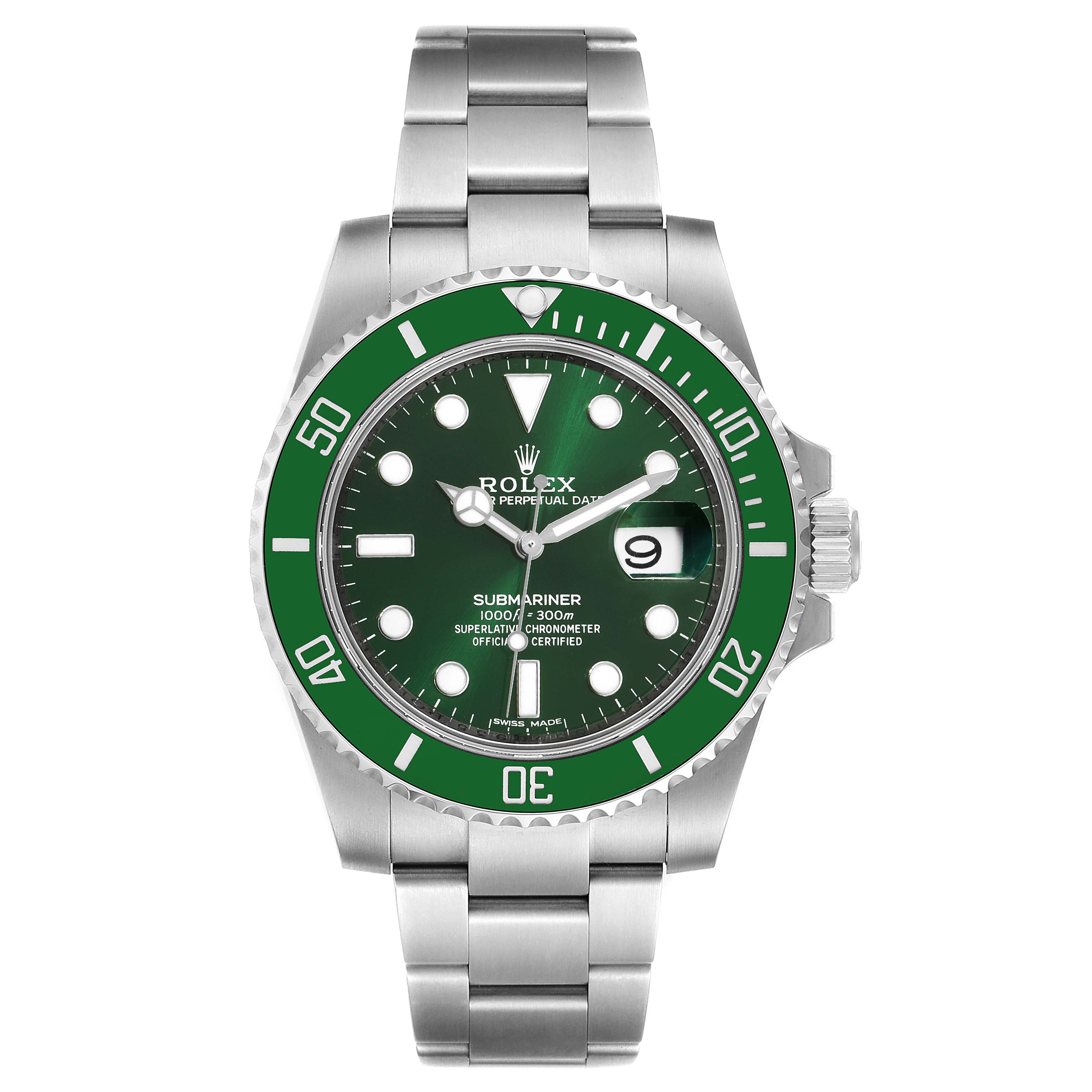 The image shows a front view of a Rolex Submariner 116610LV Men
s Stainless Steel Green Dial 116610LV Men
s Stainless Steel Green Dial watch, displaying its green dial, bezel, and stainless steel bracelet.