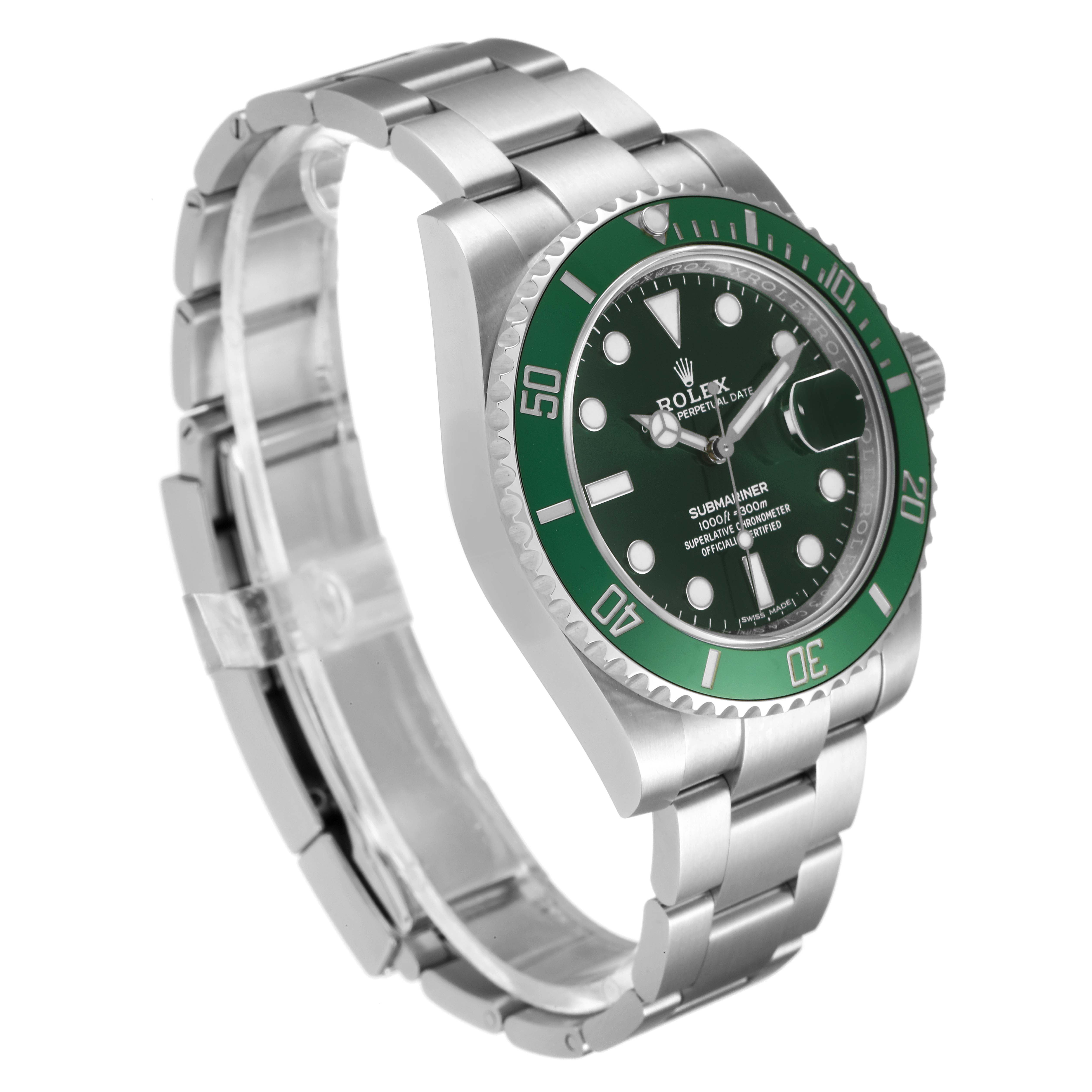 The image shows a Rolex Submariner 116610LV Men
s Stainless Steel Green Dial 116610LV Men
s Stainless Steel Green Dial watch at a three-quarter angle, highlighting the green bezel, dial, and stainless steel bracelet.