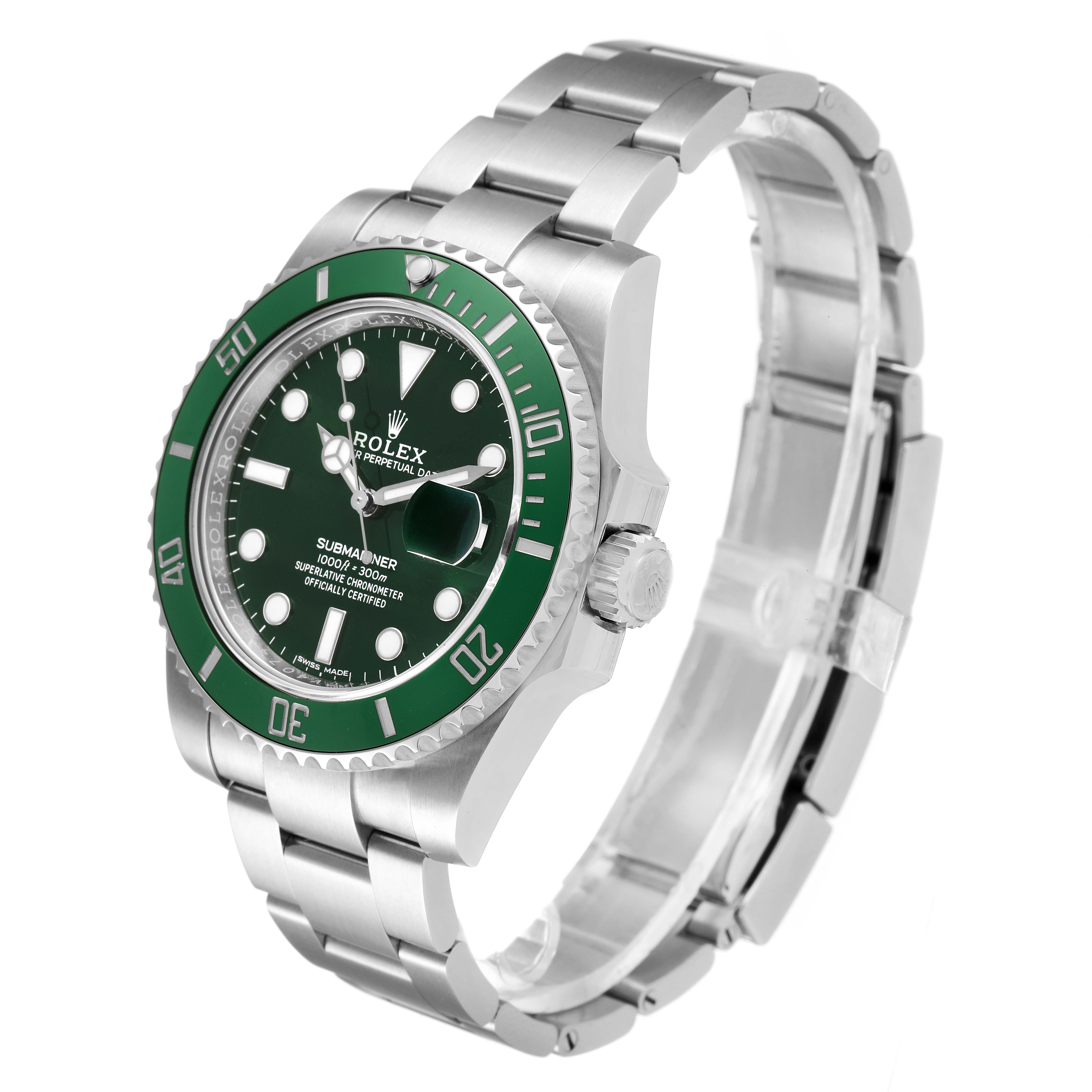 The Rolex Submariner 116610LV Men
s Stainless Steel Green Dial 116610LV Men
s Stainless Steel Green Dial is shown at a slight angle revealing the face, bezel, crown, and bracelet.