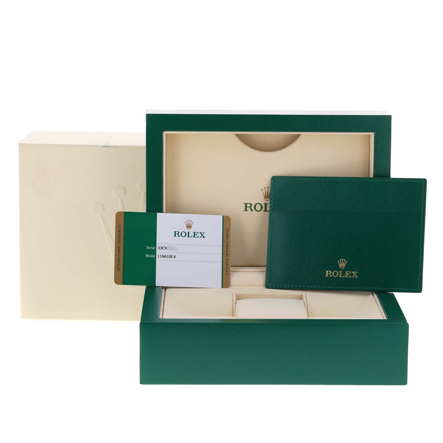 The image shows the packaging, warranty card, and cardholder for a Rolex Submariner 116610LV Men
s Stainless Steel Green Dial 116610LV Men
s Stainless Steel Green Dial model.
