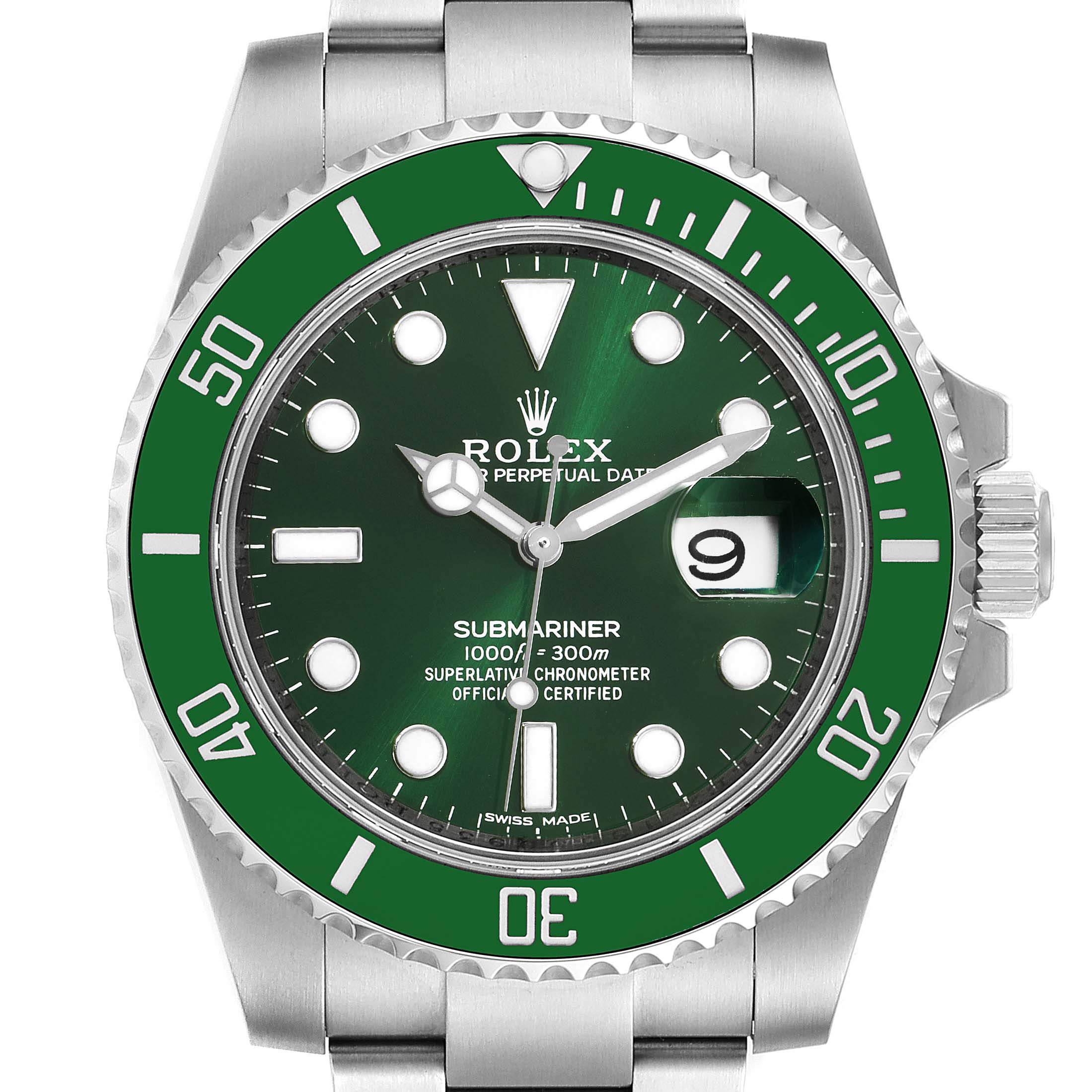 The image shows a front view of the Rolex Submariner 116610LV Men
s Stainless Steel Green Dial 116610LV Men
s Stainless Steel Green Dial watch, highlighting its green bezel, dial, and bracelet.