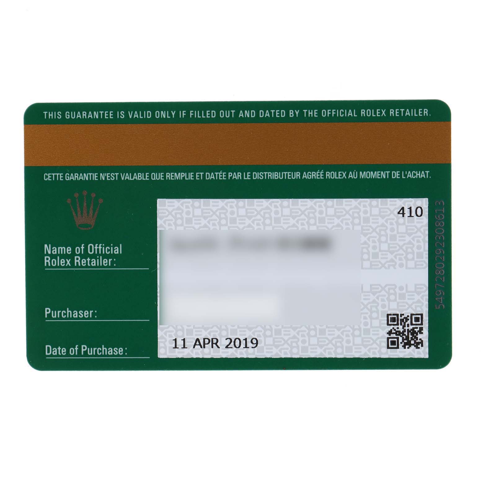 This is a guarantee card for the Rolex Submariner 116610LV Men
s Stainless Steel Green Dial 116610LV Men
s Stainless Steel Green Dial model, showing details such as the retailer, purchaser, and date of purchase.