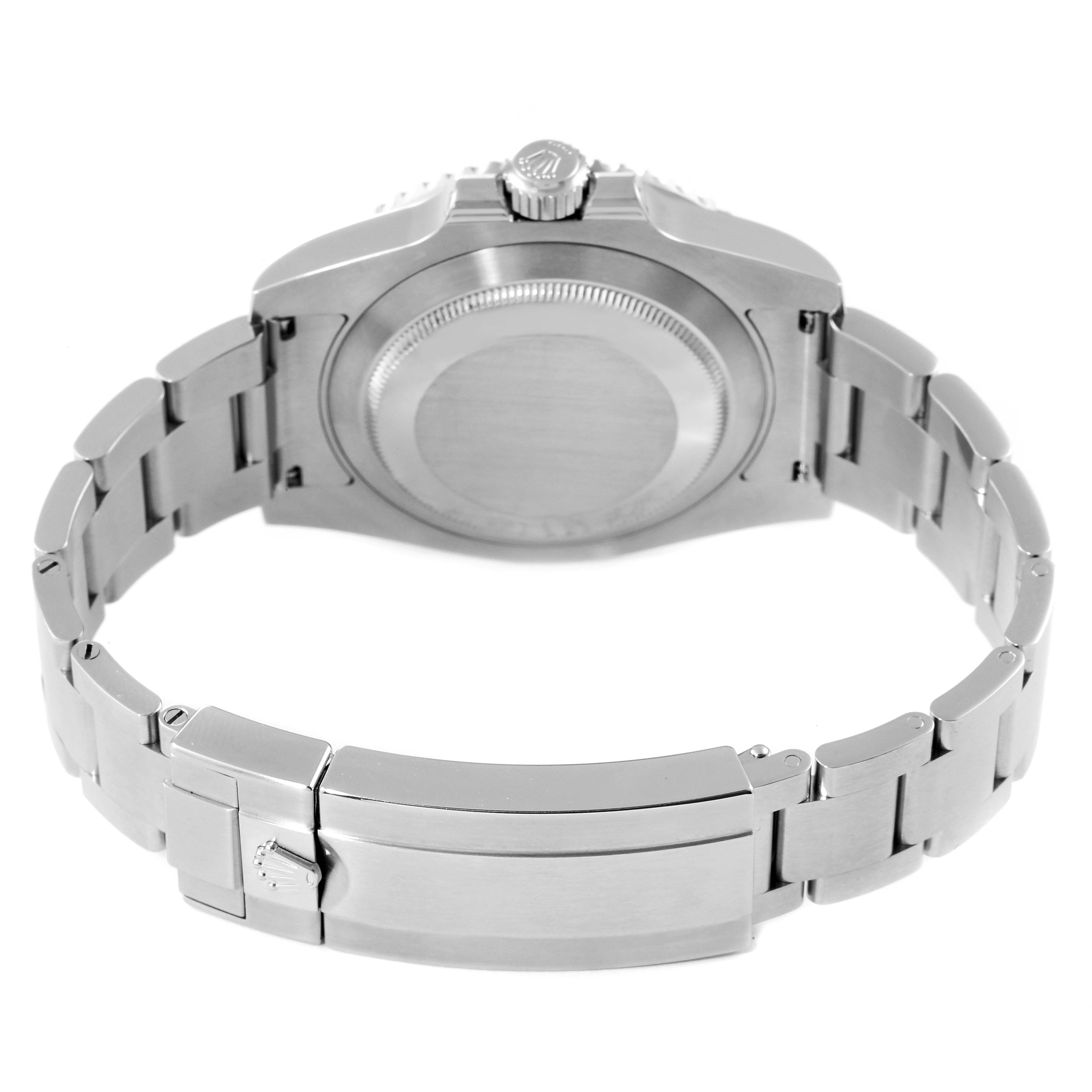 This image shows the back view of a Rolex Submariner 116610LV Men
s Stainless Steel Green Dial 116610LV Men
s Stainless Steel Green Dial watch, highlighting its case back, crown, and bracelet with clasp.