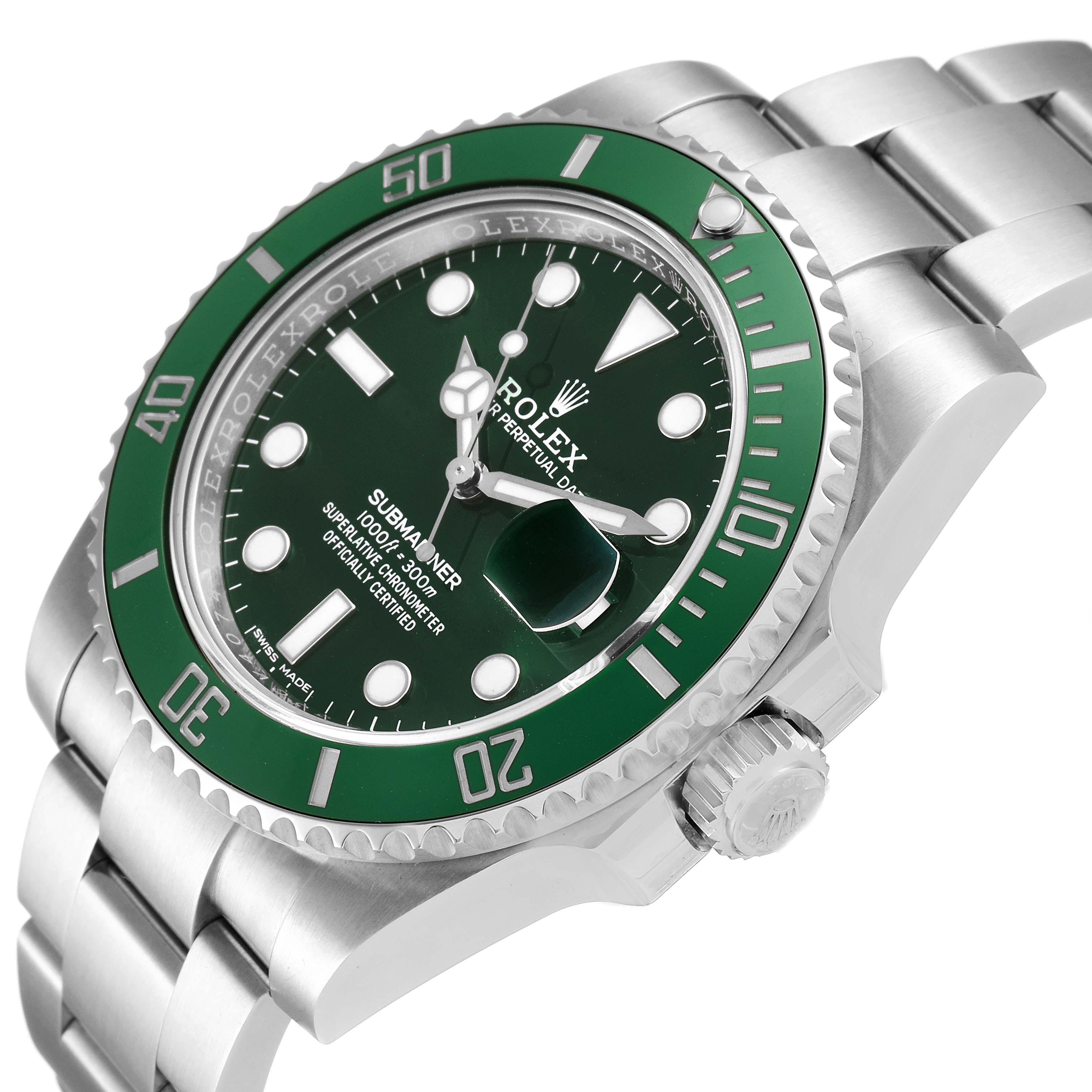 The image shows a side angle of the Rolex Submariner 116610LV Men
s Stainless Steel Green Dial 116610LV Men
s Stainless Steel Green Dial watch, highlighting the green bezel, dial, and stainless steel bracelet.