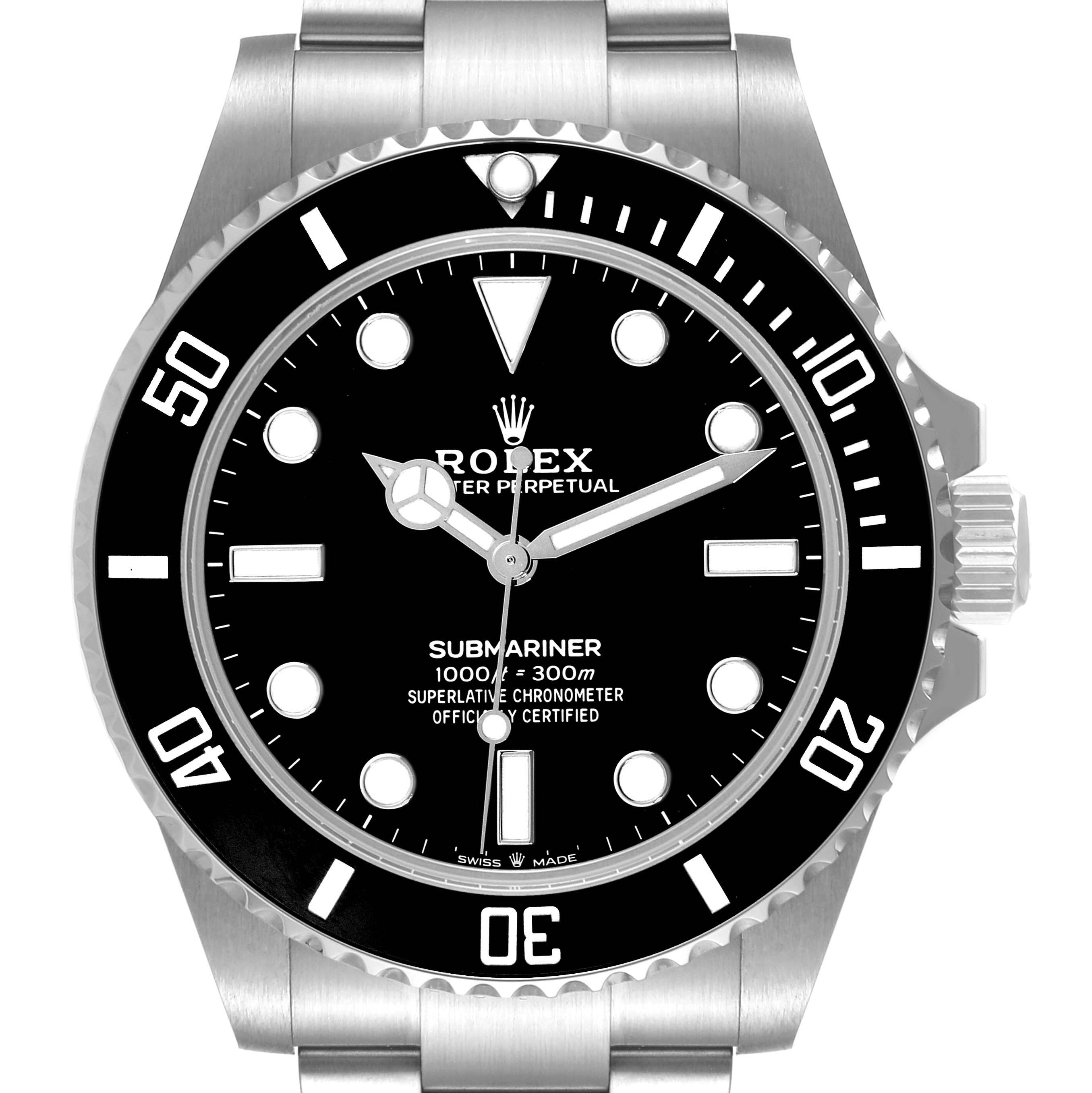 The image shows a front view of a Rolex Submariner 124060 Men
s Stainless Steel Black Dial 124060 Men
s Stainless Steel Black Dial watch, including the bezel, dial, hands, and bracelet.