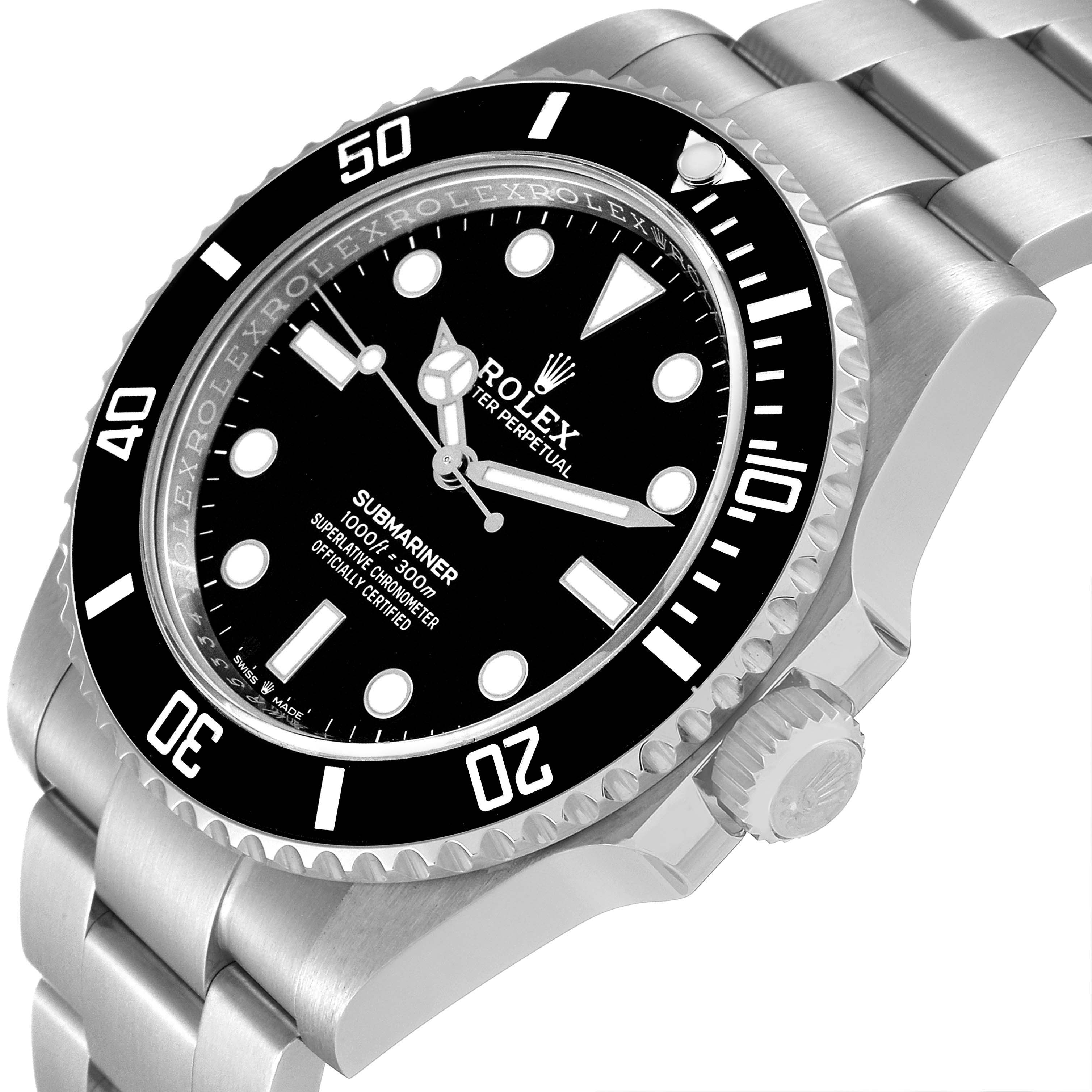 The image shows a close-up of the dial, bezel, and part of the bracelet of the Rolex Submariner 124060 Men
s Stainless Steel Black Dial 124060 Men
s Stainless Steel Black Dial.