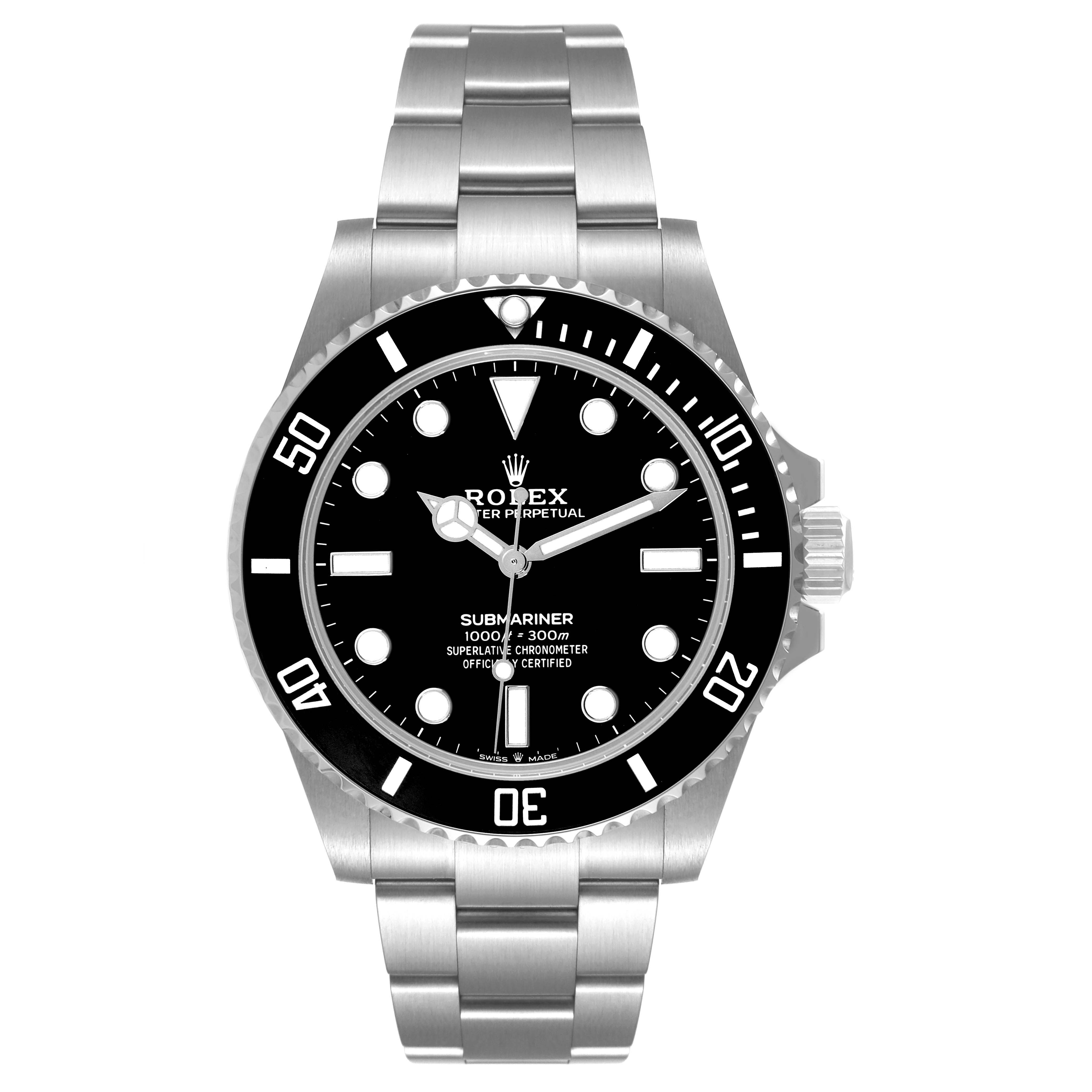This image shows a front view of the Rolex Submariner 124060 Men
s Stainless Steel Black Dial 124060 Men
s Stainless Steel Black Dial watch, featuring the dial, bezel, and stainless steel bracelet.