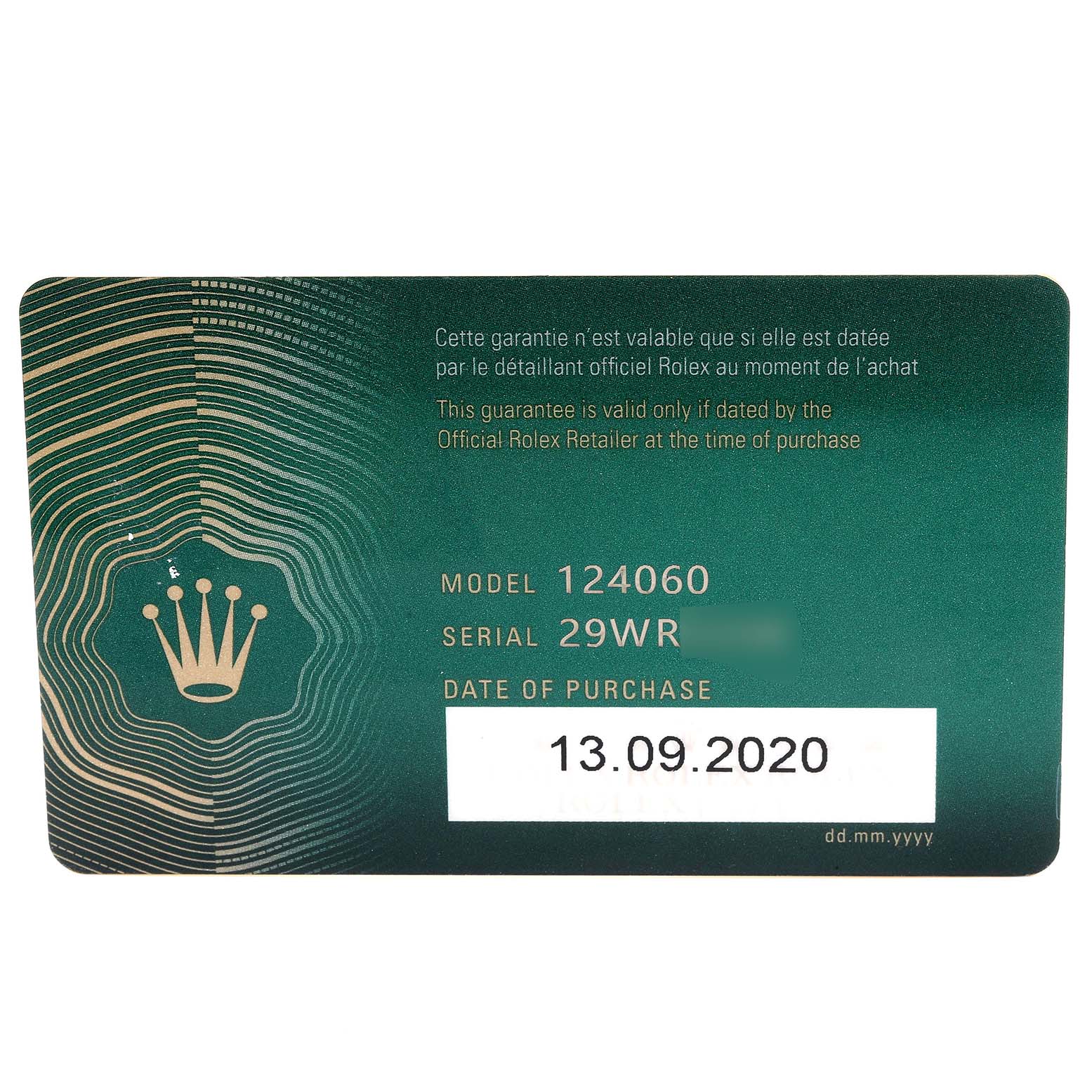 This image shows a warranty card for a Rolex Submariner 124060 Men
s Stainless Steel Black Dial 124060 Men
s Stainless Steel Black Dial model 124060, displaying the serial number and purchase date.