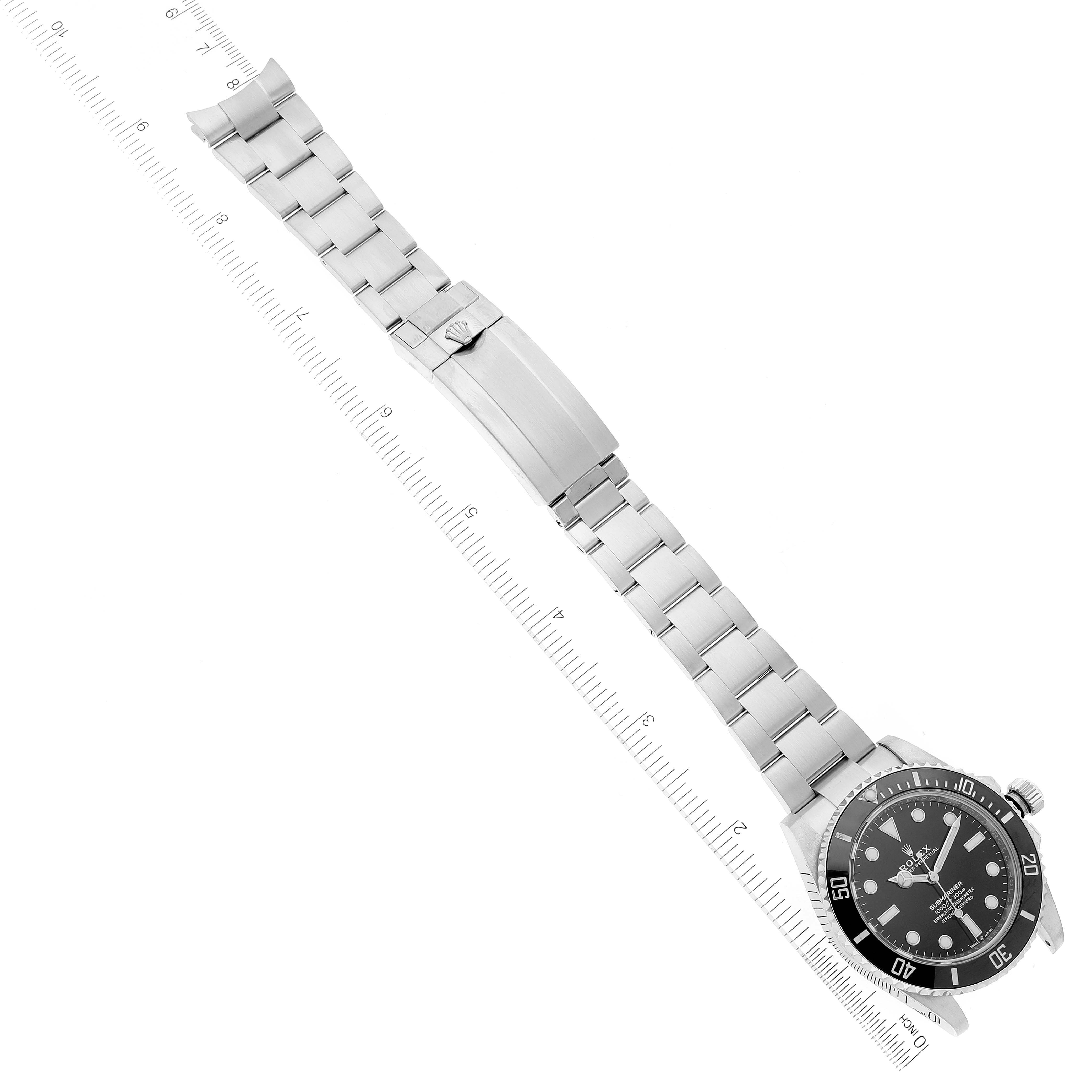 This image shows a top-down view of a Rolex Submariner 124060 Men
s Stainless Steel Black Dial 124060 Men
s Stainless Steel Black Dial watch, displaying the watch face, bezel, and entire bracelet with the clasp.