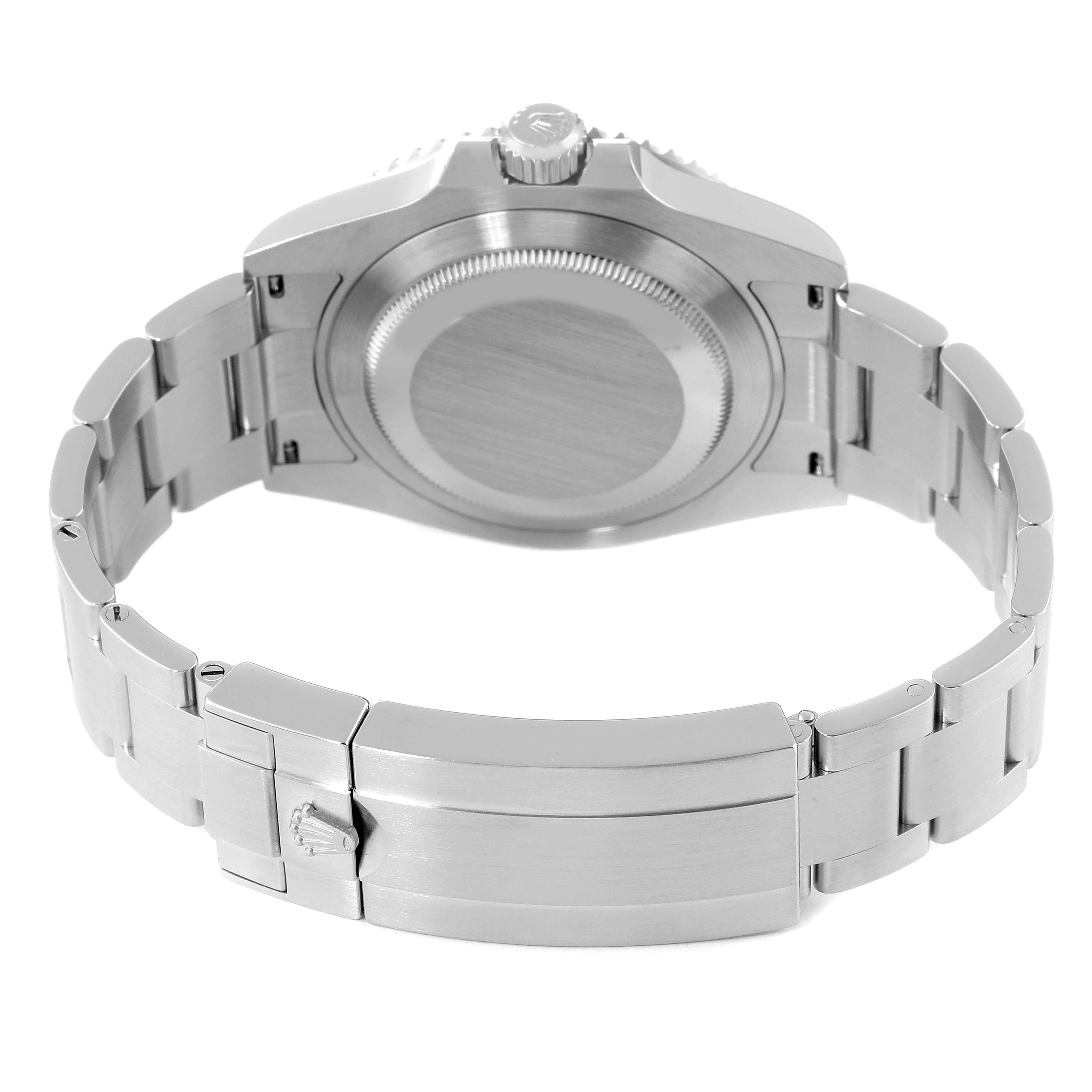 This image shows the back case and bracelet clasp of the Rolex Submariner 124060 Men
s Stainless Steel Black Dial 124060 Men
s Stainless Steel Black Dial watch from an underside angle.