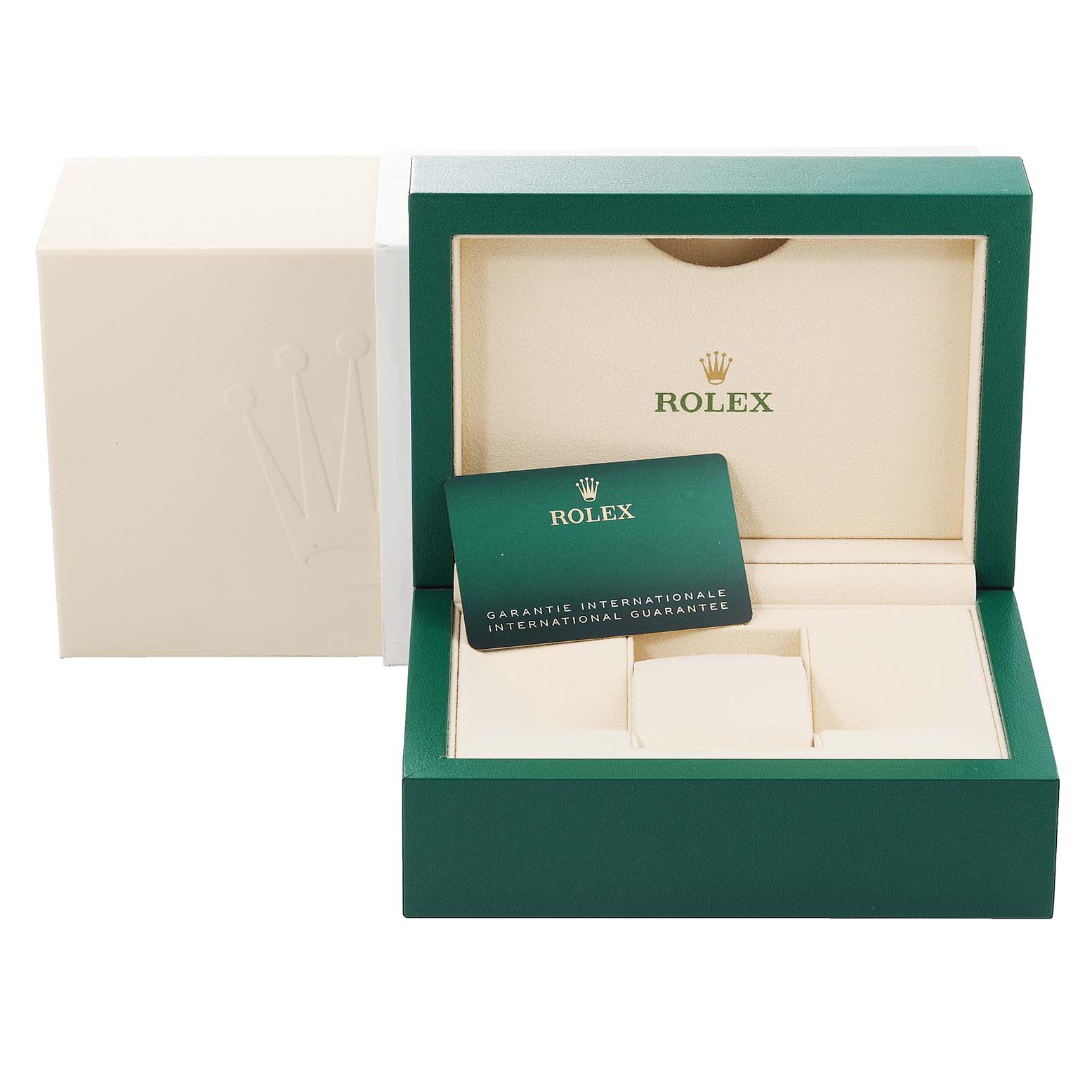 The image shows the packaging, inner box, and the international guarantee card for a Rolex Submariner 124060 Men
s Stainless Steel Black Dial 124060 Men
s Stainless Steel Black Dial watch.