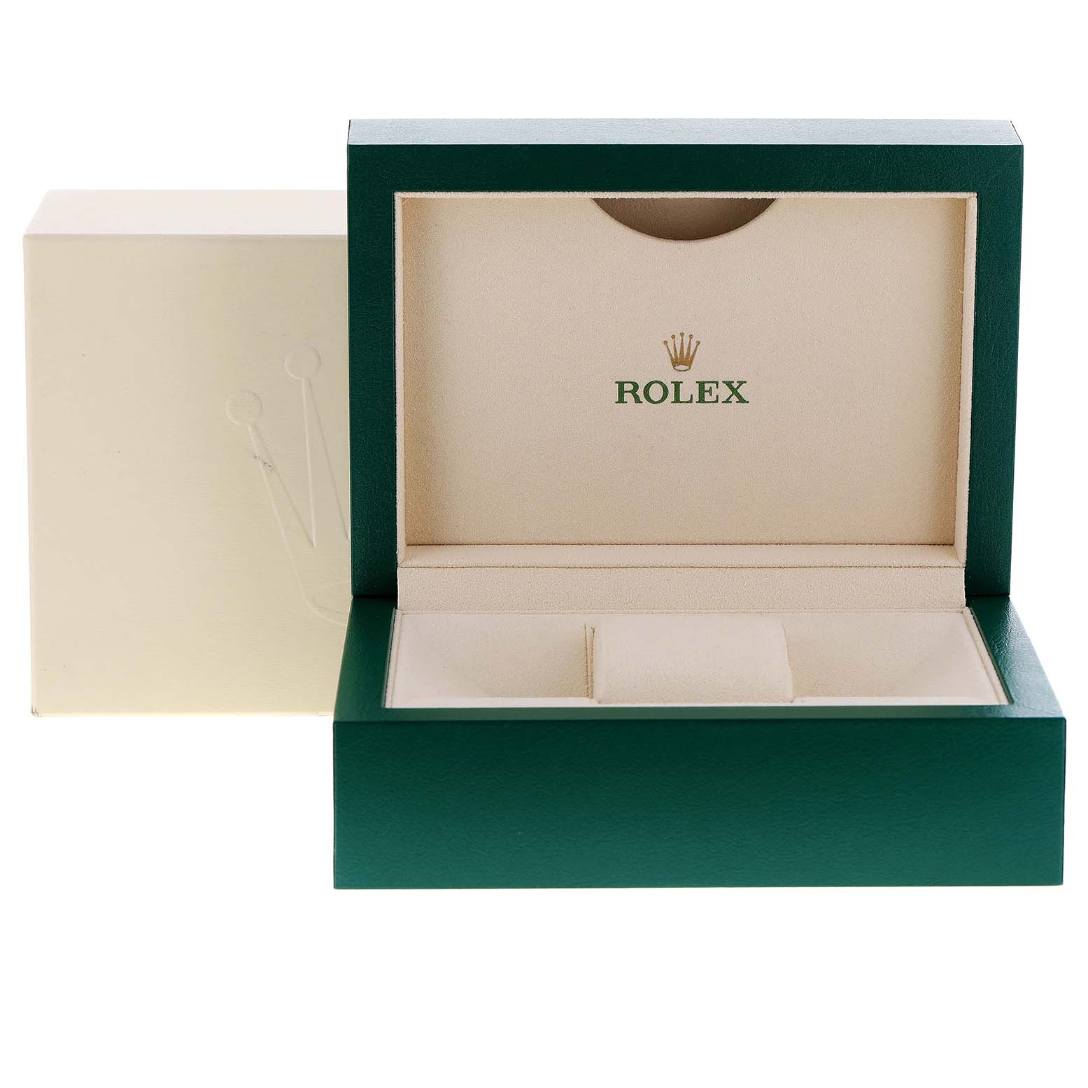 This image shows an open Rolex box for a Submariner model, displaying the inner beige cushion and green exterior.