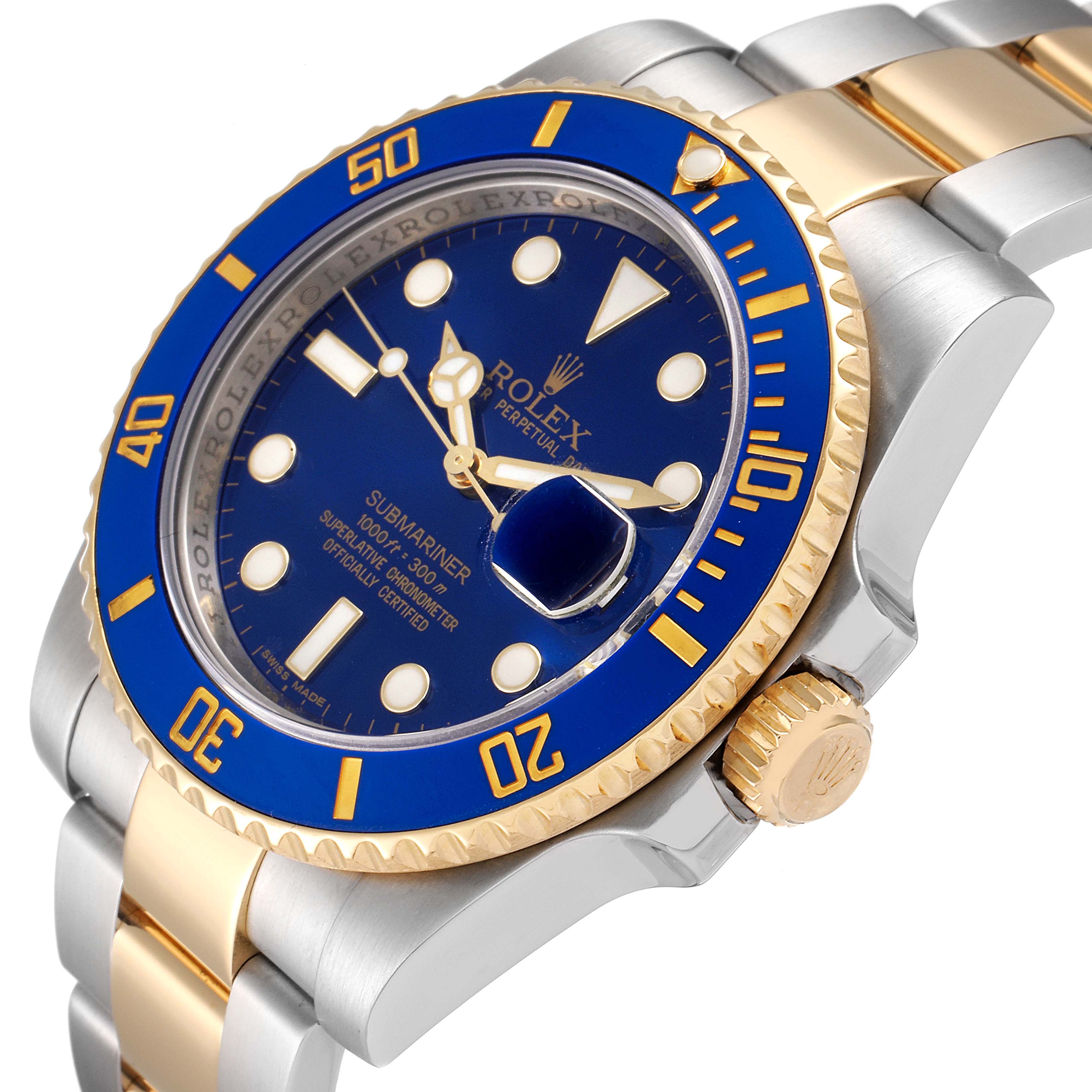 The image shows a close-up angled view of a Rolex Submariner 116613 Men
s Steel and Gold (two tone) Blue Dial 116613 Men
s Steel and Gold (two tone) Blue Dial, highlighting its blue bezel, blue dial, and two-tone bracelet.