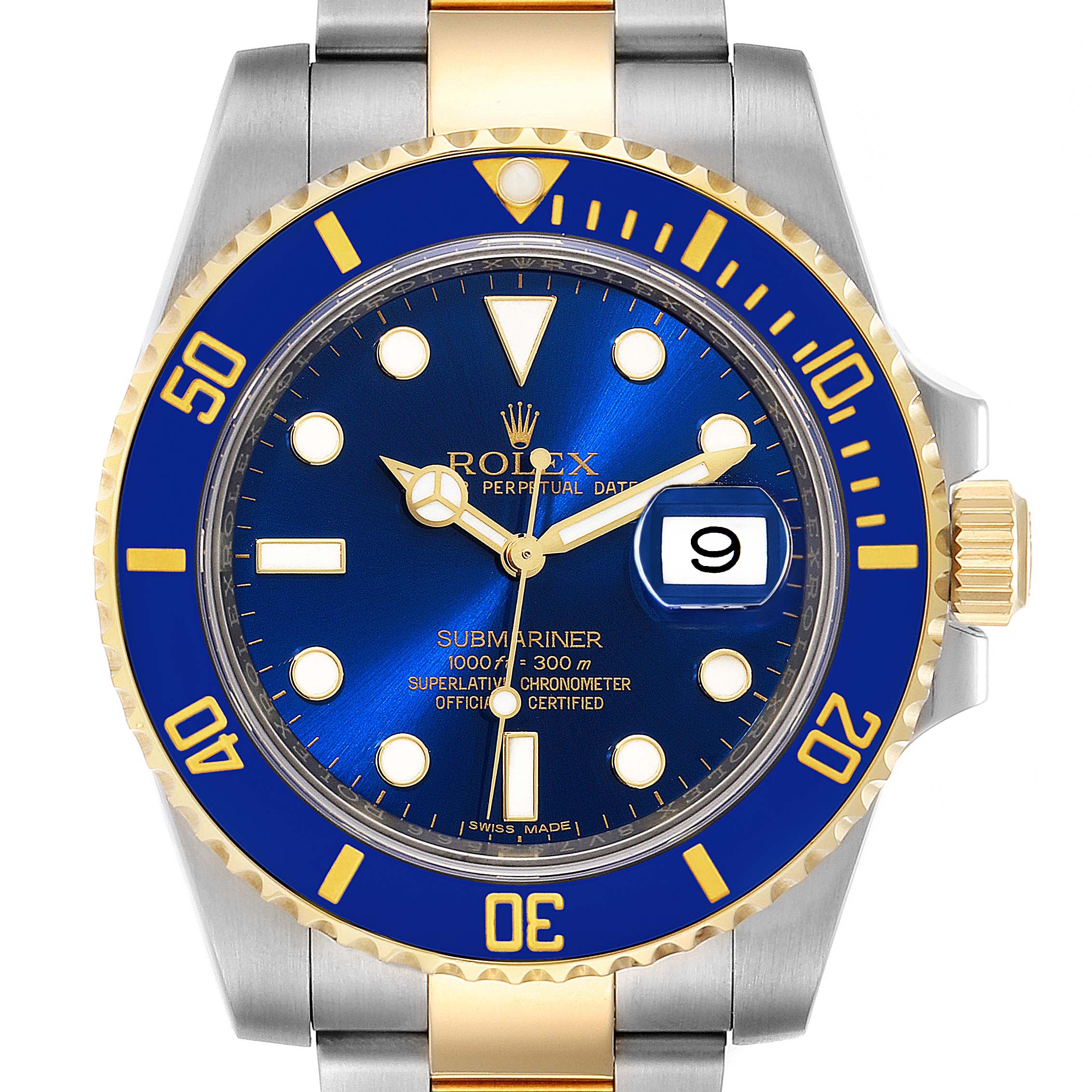 The image shows a front view of a Rolex Submariner 116613 Men
s Steel and Gold (two tone) Blue Dial 116613 Men
s Steel and Gold (two tone) Blue Dial watch, displaying its blue bezel, dial, and gold accents.