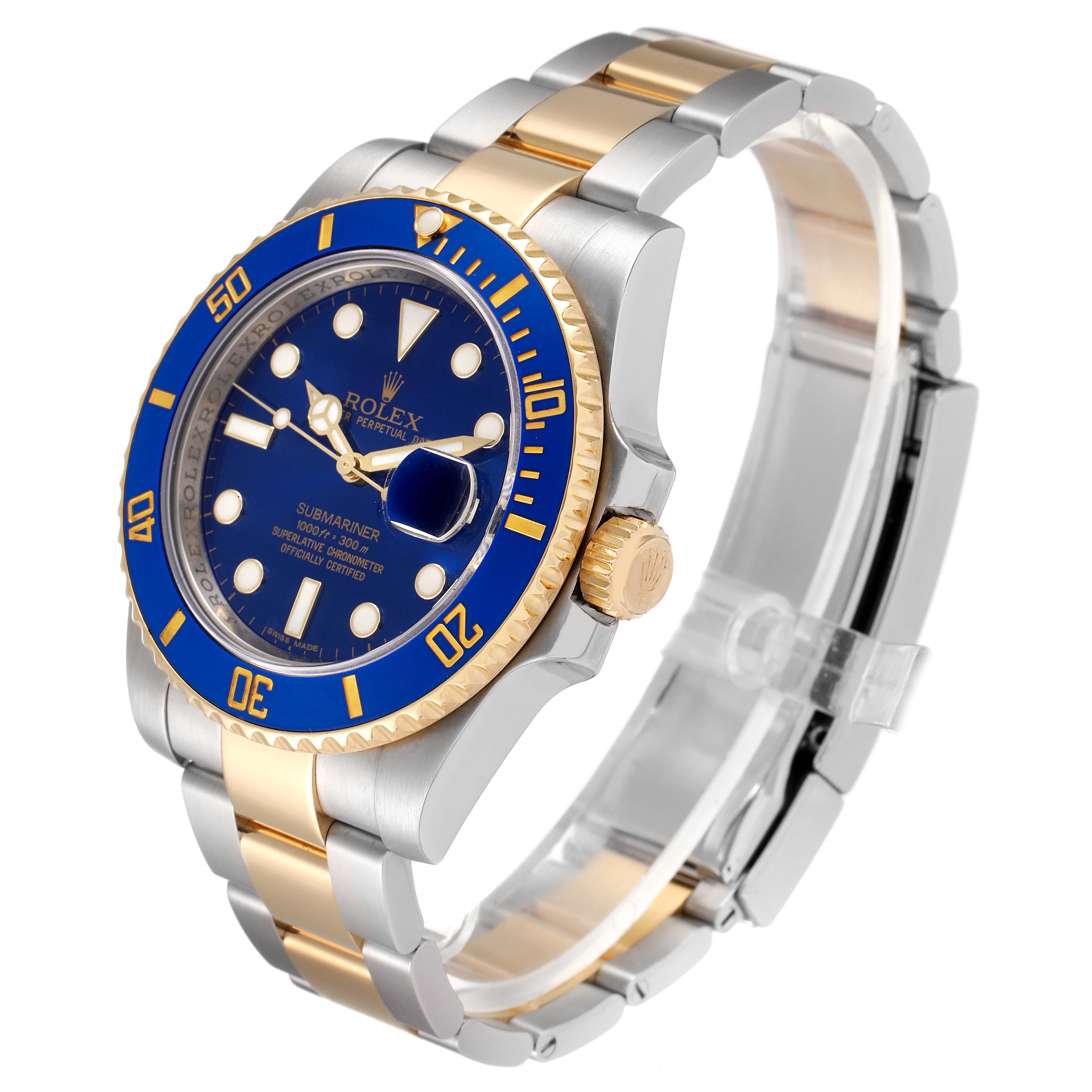 The Rolex Submariner 116613 Men
s Steel and Gold (two tone) Blue Dial 116613 Men
s Steel and Gold (two tone) Blue Dial model watch is shown at a slight angle highlighting its bezel, dial, crown, and two-tone bracelet.