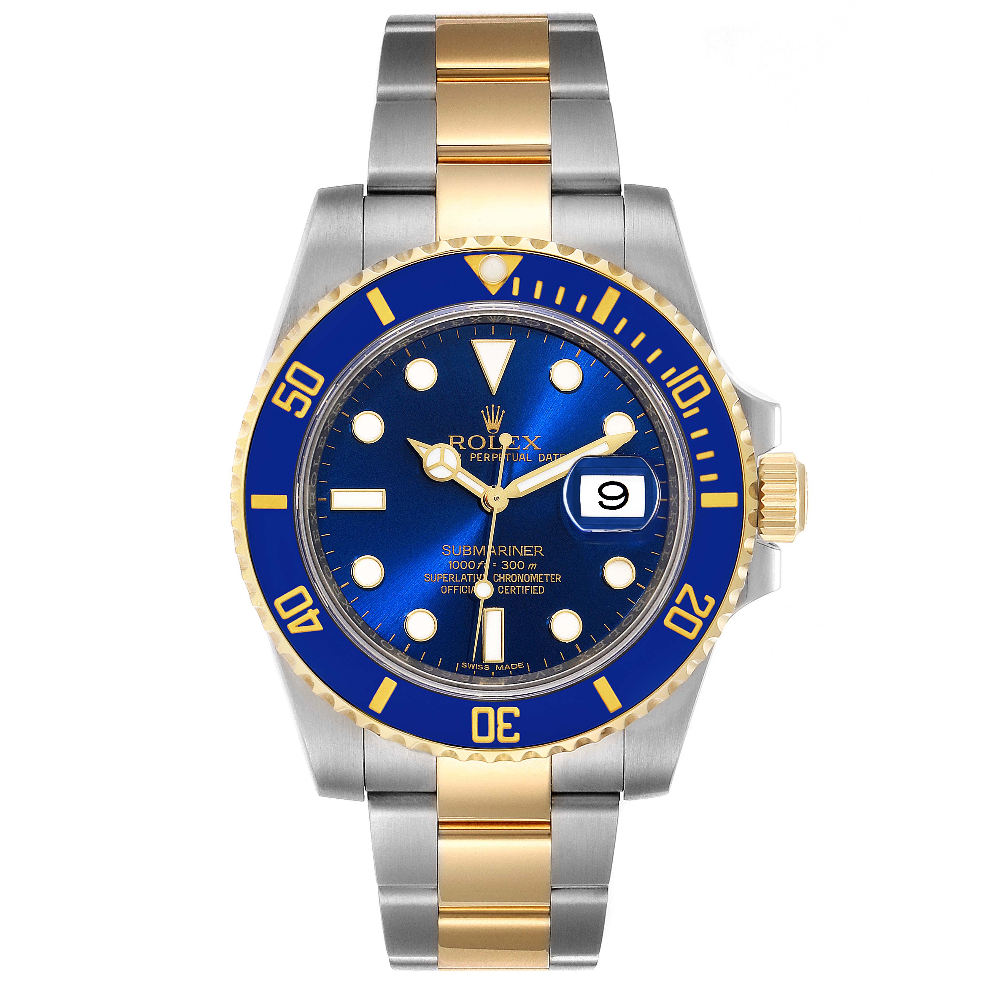 This image shows a Rolex Submariner 116613 Men
s Steel and Gold (two tone) Blue Dial 116613 Men
s Steel and Gold (two tone) Blue Dial watch from a front angle, detailing the dial, bezel, and bracelet.