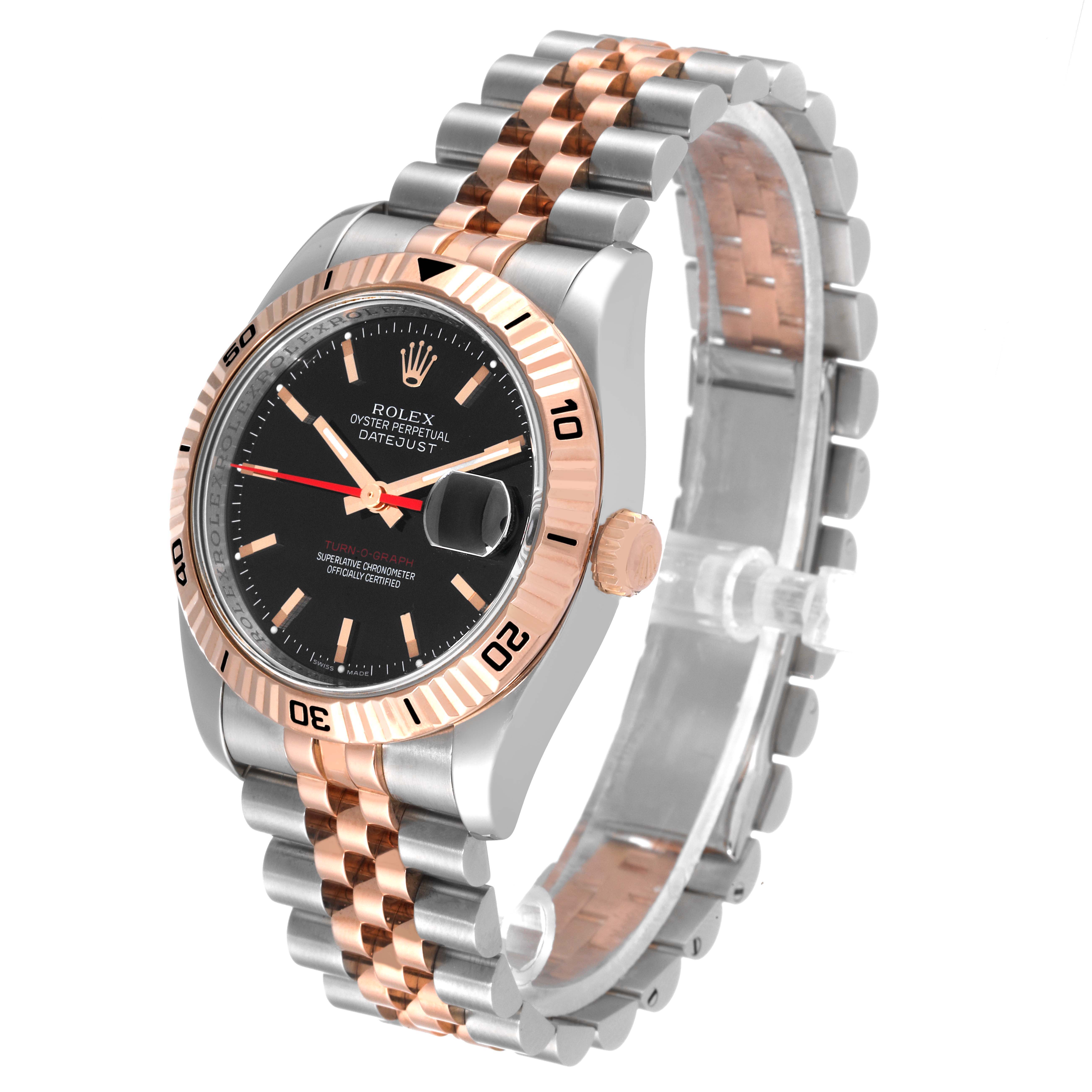 The image shows a Rolex Turn-o-Graph 116261 Men's Steel and Gold (two tone) Black Dial 116261 Men's Steel and Gold (two tone) Black Dial watch at a slight angle, highlighting the bezel, dial, case, and two-tone bracelet.