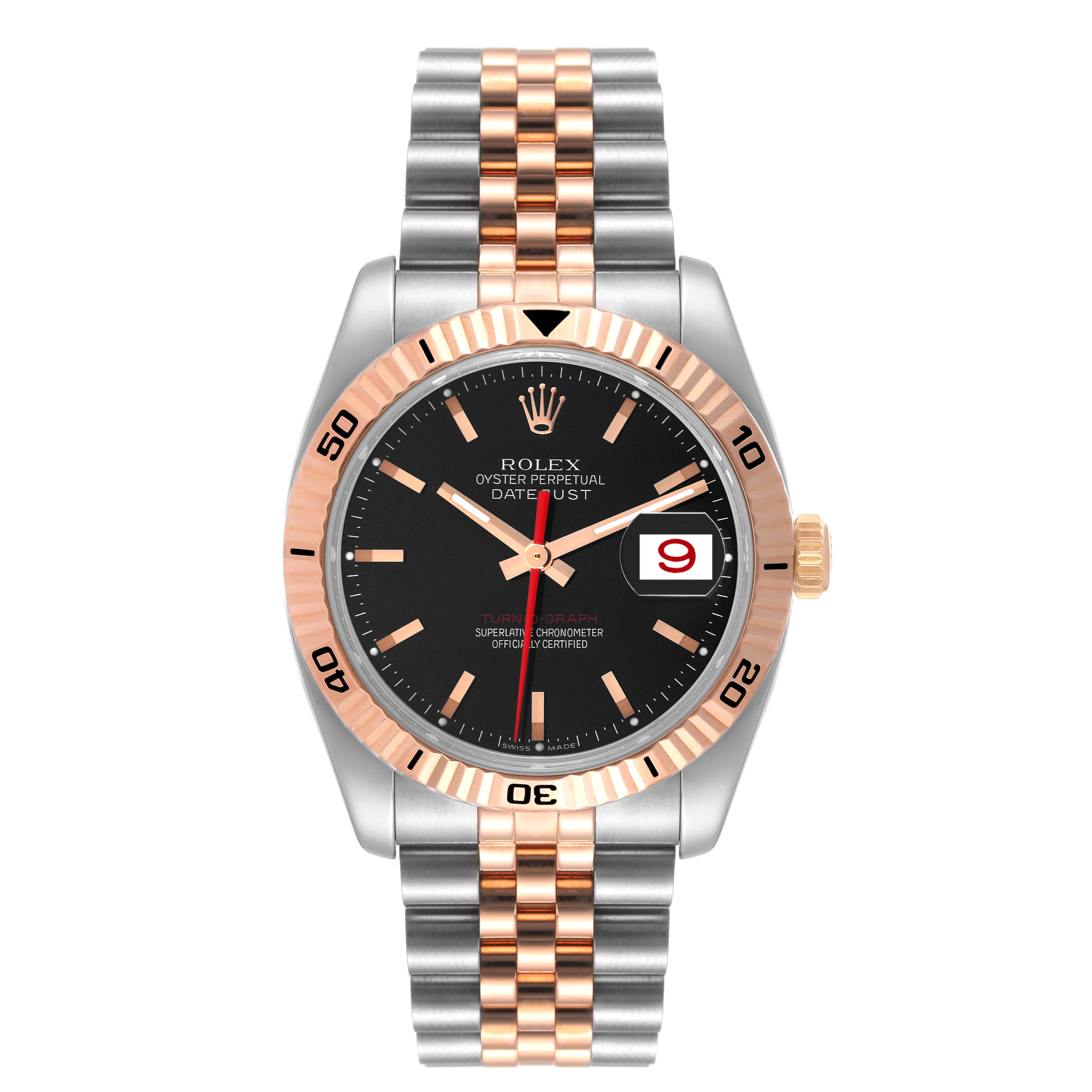 This image shows a front view of a Rolex Turn-o-Graph 116261 Men's Steel and Gold (two tone) Black Dial 116261 Men's Steel and Gold (two tone) Black Dial watch, featuring its dial, bezel, and two-tone bracelet.