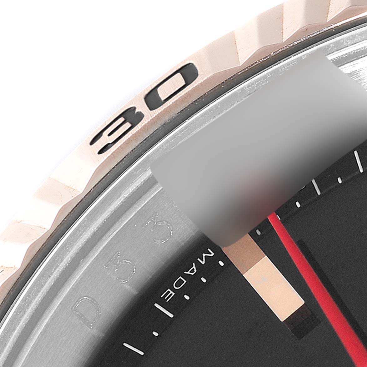 The image shows a close-up of the bezel and dial of a Rolex Turn-o-Graph 116261 Men's Steel and Gold (two tone) Black Dial 116261 Men's Steel and Gold (two tone) Black Dial watch, featuring the "30" minute marker.