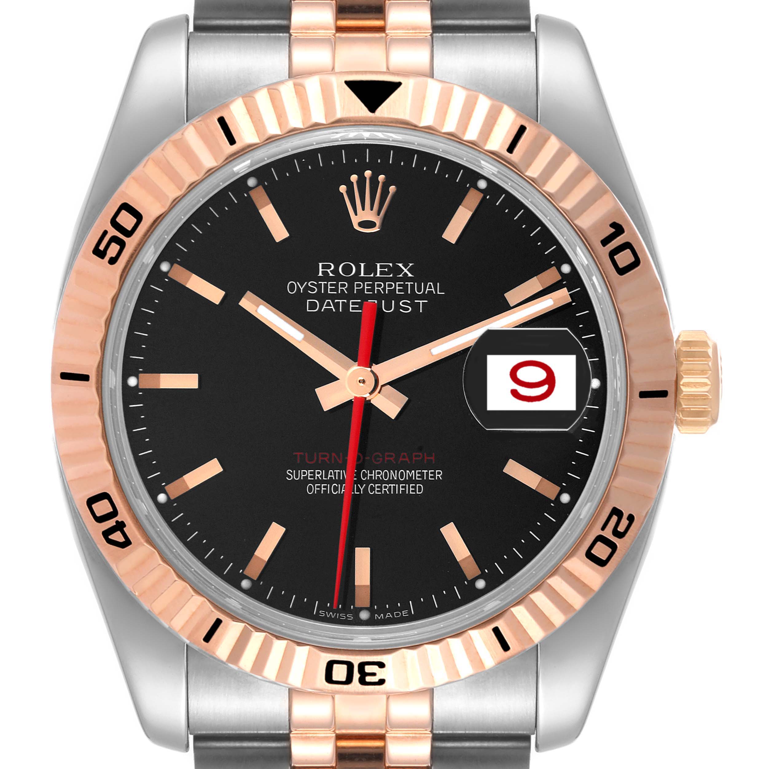The image shows a front view of the Rolex Turn-o-Graph 116261 Men's Steel and Gold (two tone) Black Dial 116261 Men's Steel and Gold (two tone) Black Dial watch, highlighting the dial, bezel, crown, and part of the bracelet.