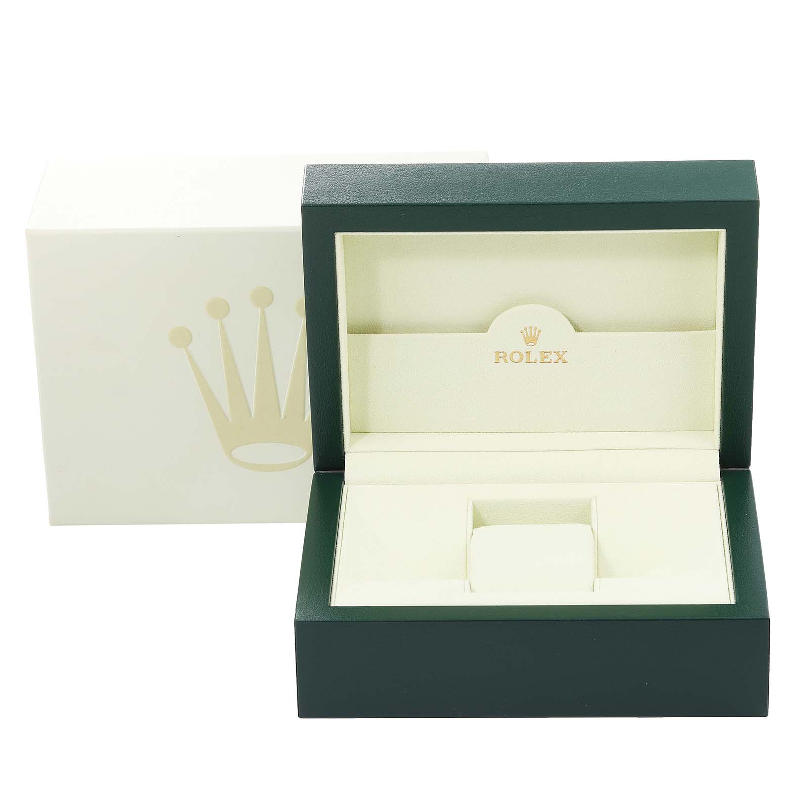 The image shows an open Rolex Turn-o-Graph 116261 Men's Steel and Gold (two tone) Black Dial 116261 Men's Steel and Gold (two tone) Black Dial watch box with a green exterior and ivory interior.