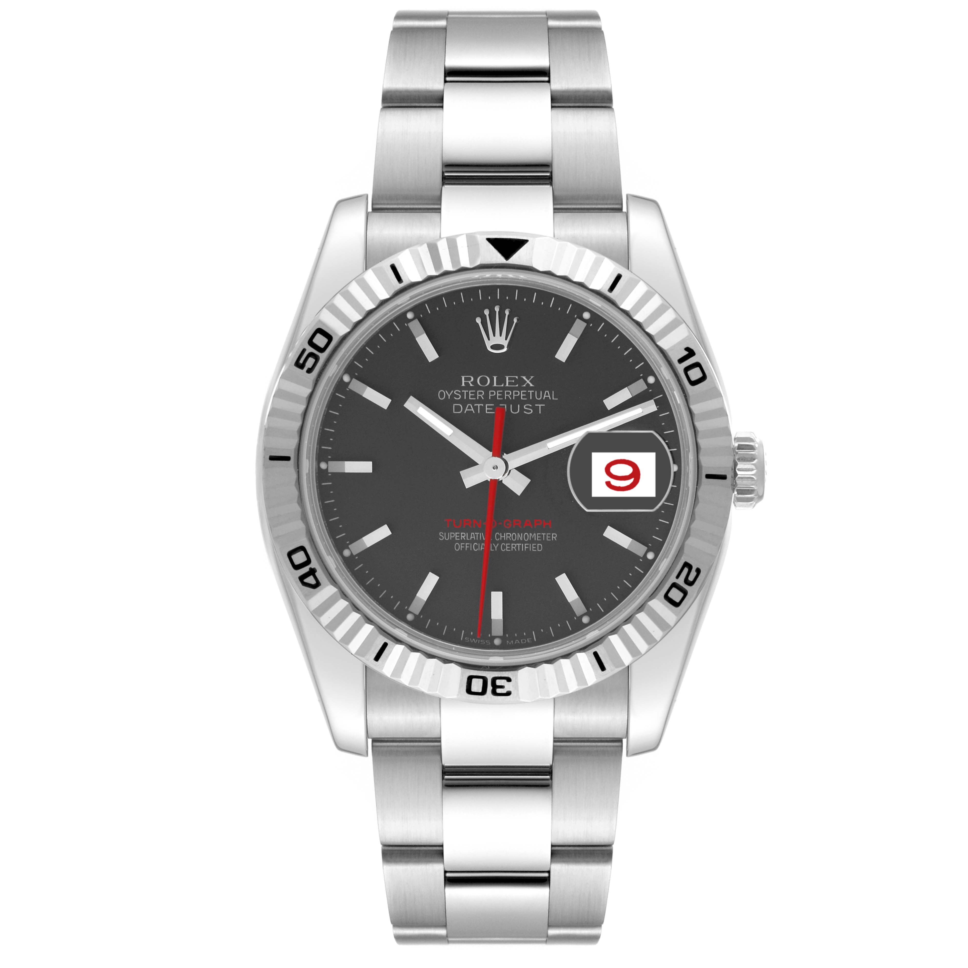 The image shows a frontal view of a Rolex Turn-o-Graph 116264 Men's Stainless Steel Black Dial 116264 Men's Stainless Steel Black Dial watch, displaying the dial, bezel, bracelet, and crown.