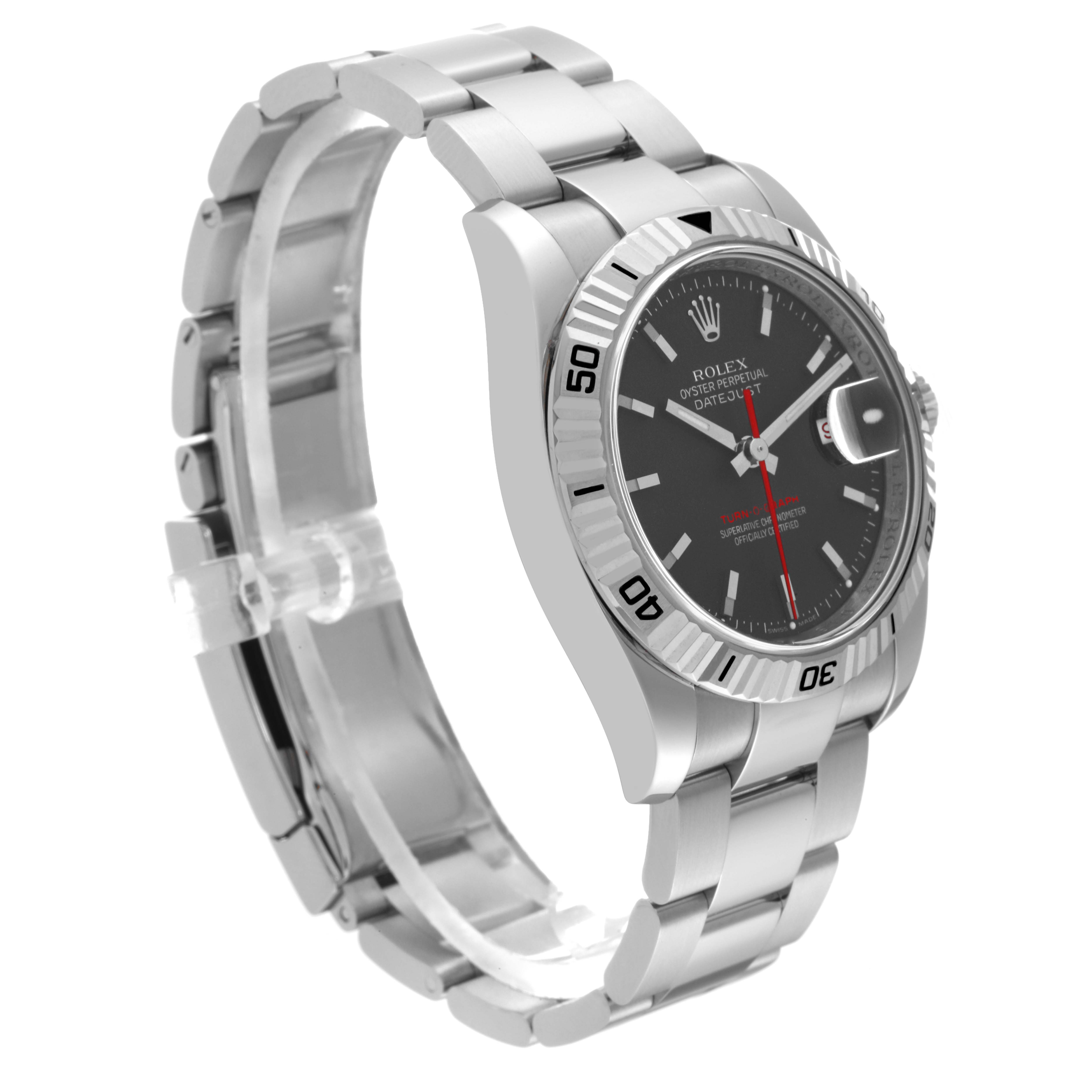 The Rolex Turn-o-Graph 116264 Men's Stainless Steel Black Dial 116264 Men's Stainless Steel Black Dial model watch is shown at a slight side angle highlighting the bezel, dial, and bracelet.