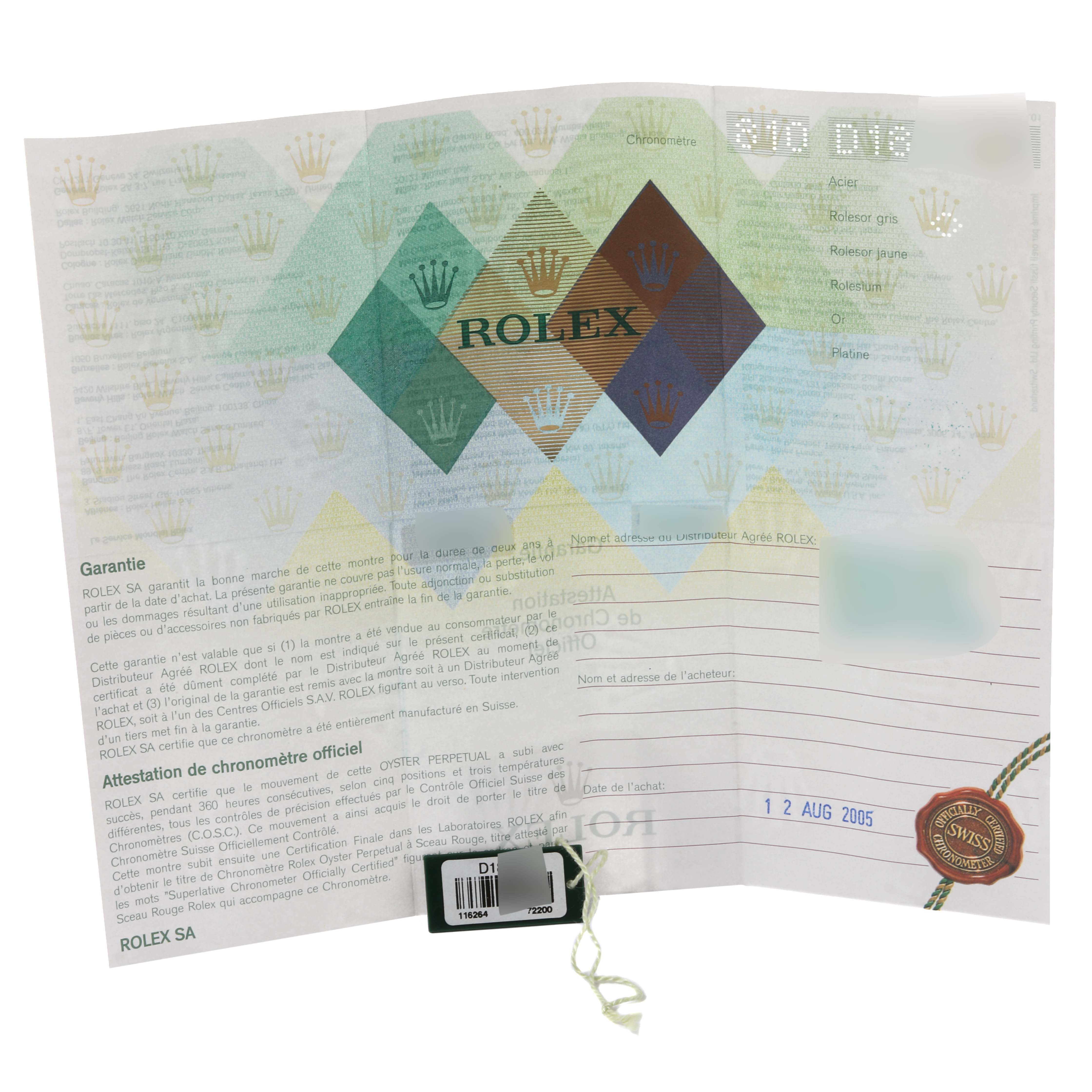 The image shows the warranty card and authenticity certificate for a Rolex Turn-o-Graph 116264 Men's Stainless Steel Black Dial 116264 Men's Stainless Steel Black Dial watch, featuring the brand's logo and details.