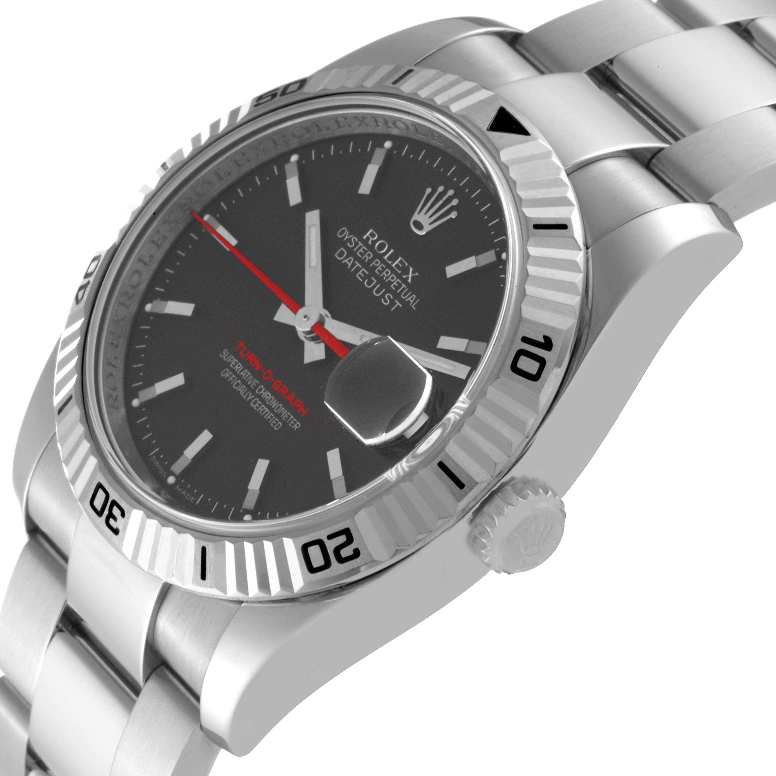 The image shows a close-up angled view of the Rolex Turn-o-Graph 116264 Men's Stainless Steel Black Dial 116264 Men's Stainless Steel Black Dial watch, highlighting its bezel, dial, and part of the bracelet.