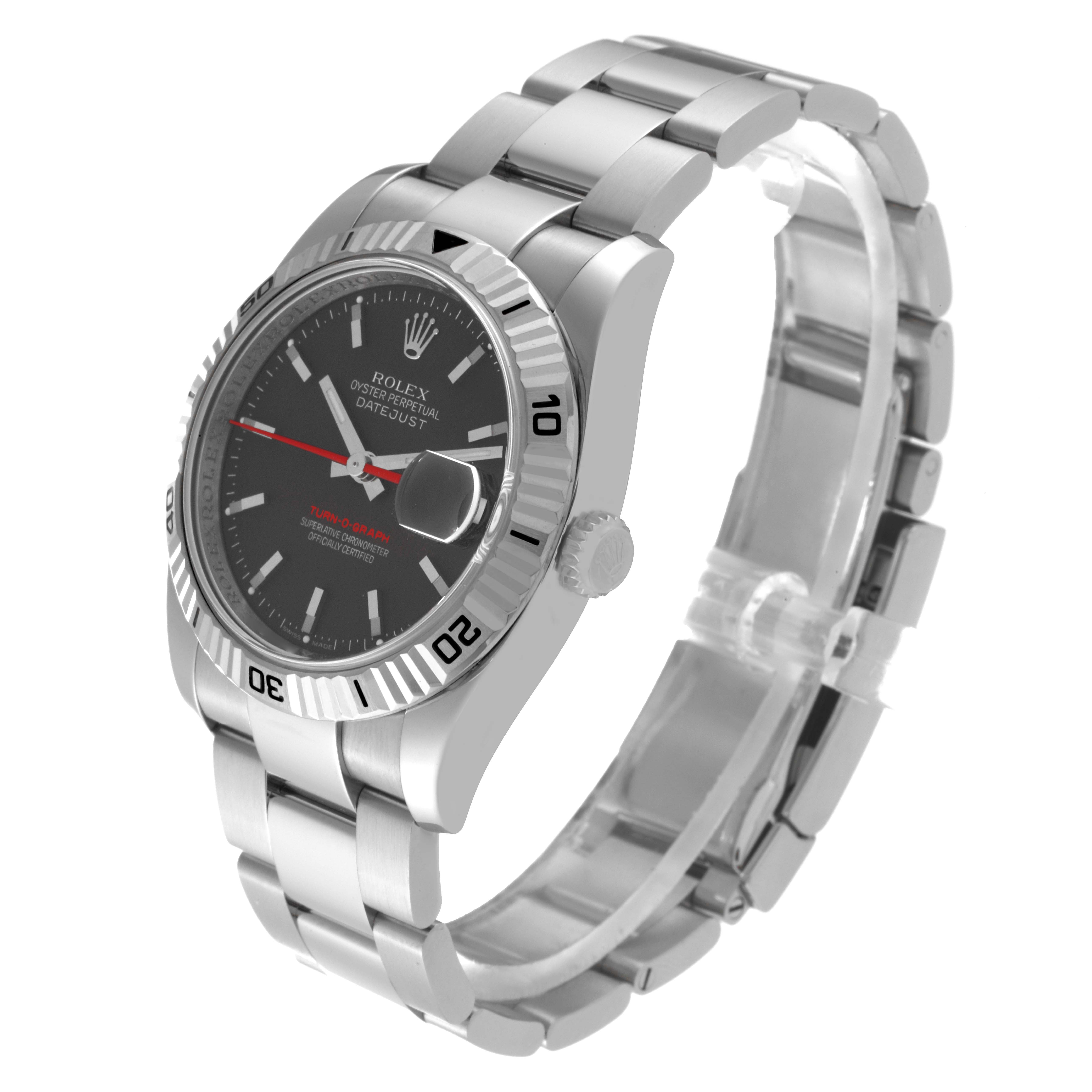 The image shows a Rolex Turn-o-Graph 116264 Men's Stainless Steel Black Dial 116264 Men's Stainless Steel Black Dial watch at a three-quarter angle, displaying its face, bezel, crown, and metal bracelet.